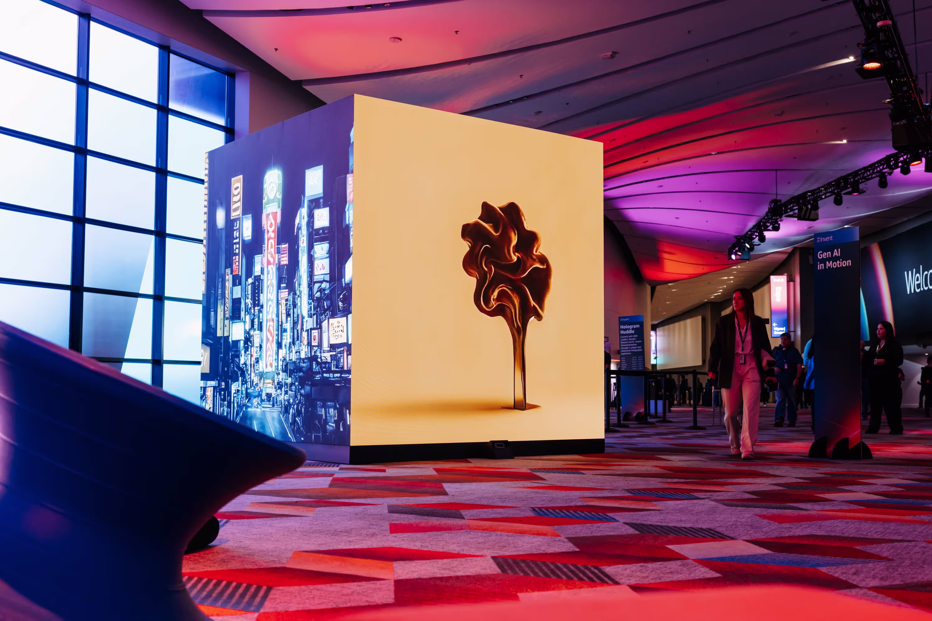 A large display of a flower in a building