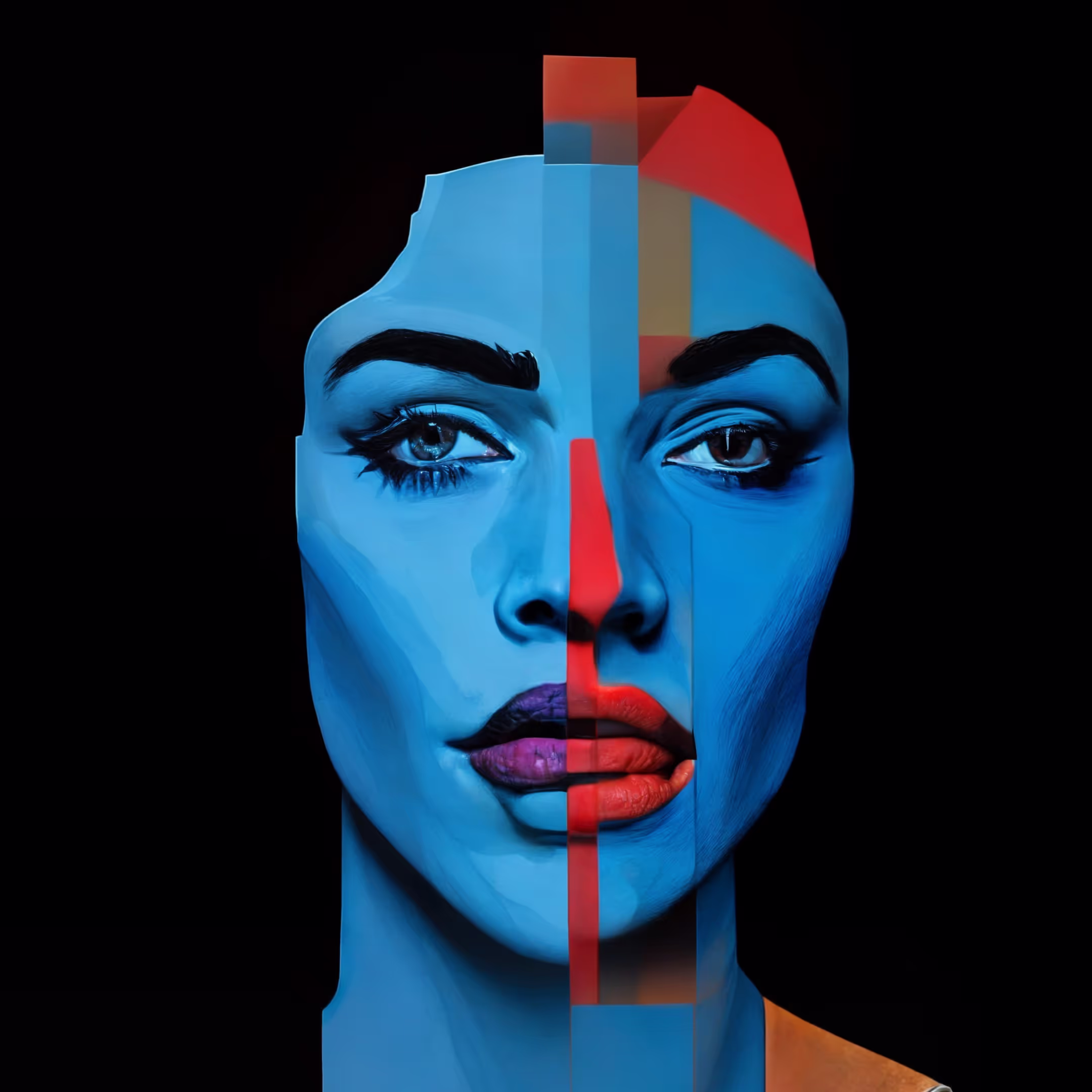 A woman's face with a red and blue stripe