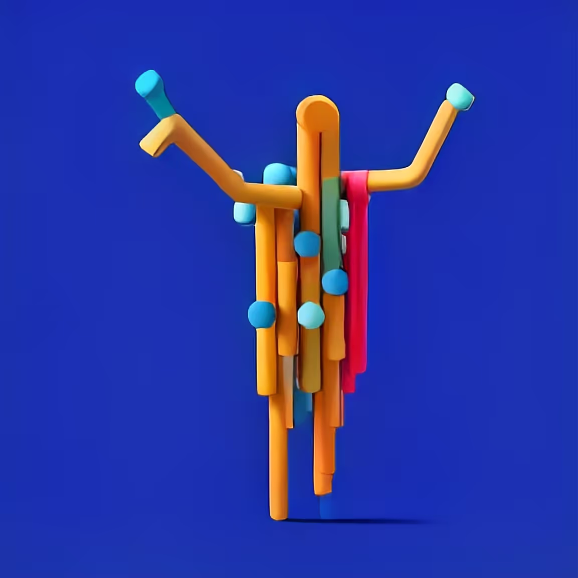 A group of colorful sticks sticking out of the side of a blue wall