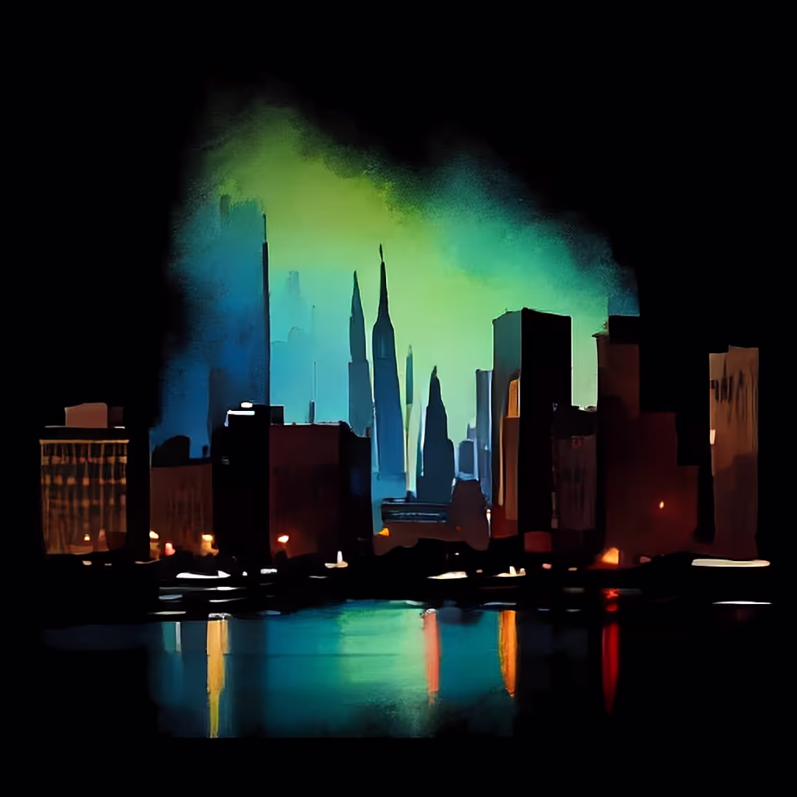 A painting of a city skyline at night