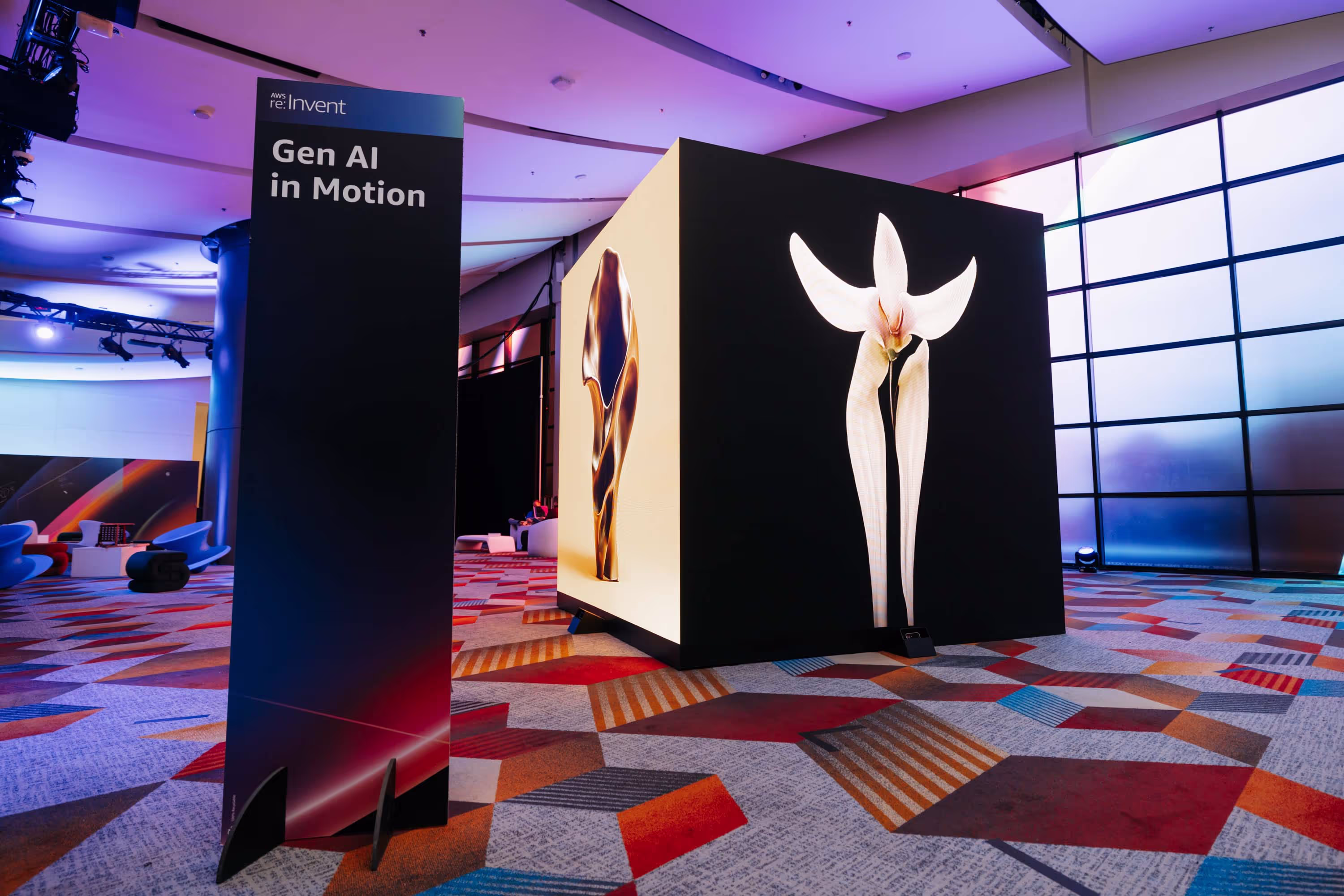 A room with a large display of a woman in motion