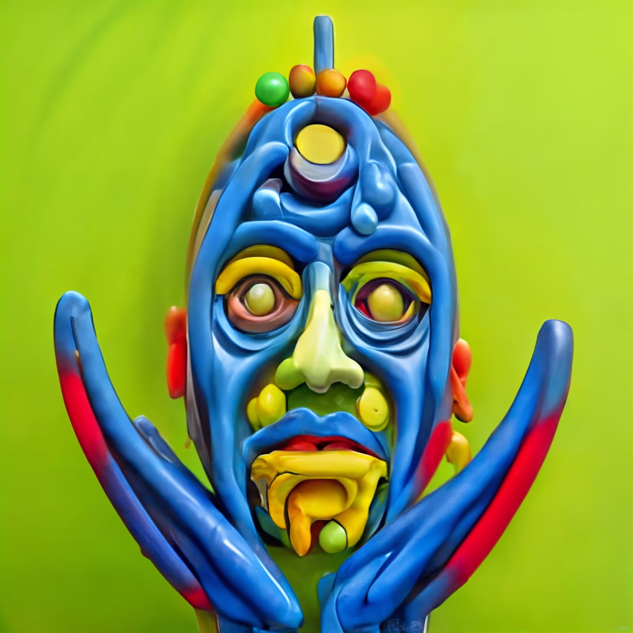 A painting of a person with a blue face