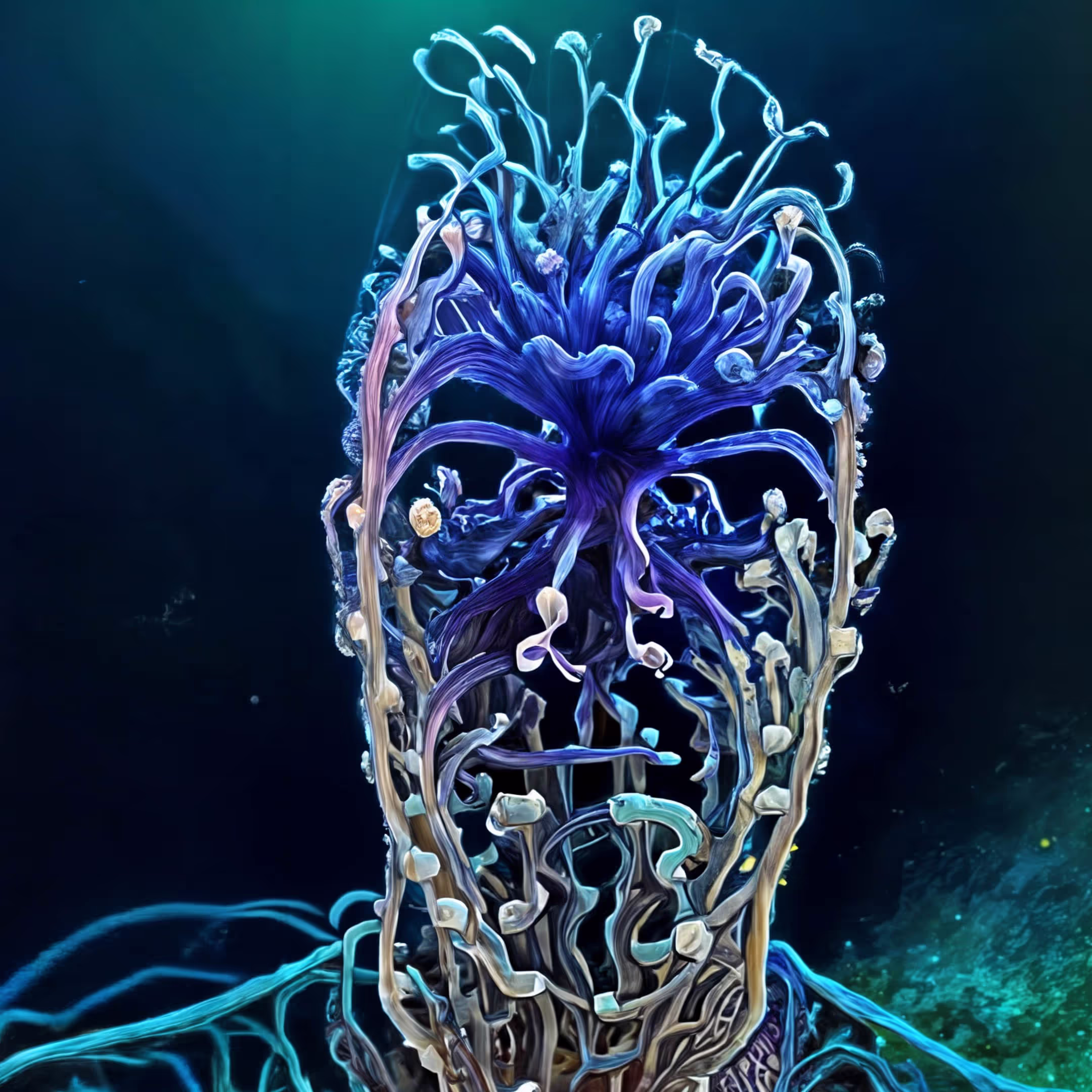 A digital painting of a man's face and brain