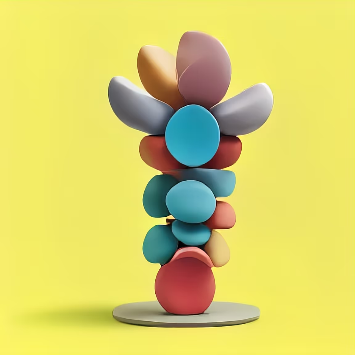 A colorful sculpture on a yellow background