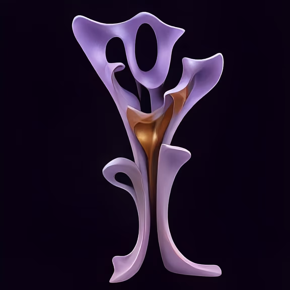 A purple flower with a gold center on a black background