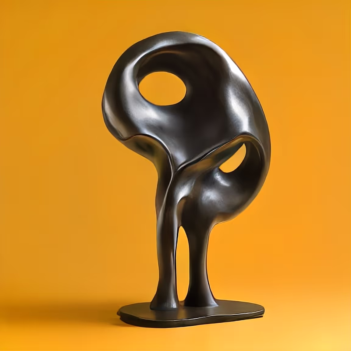 Abstract black modern sculpture with smooth curved shapes and holes