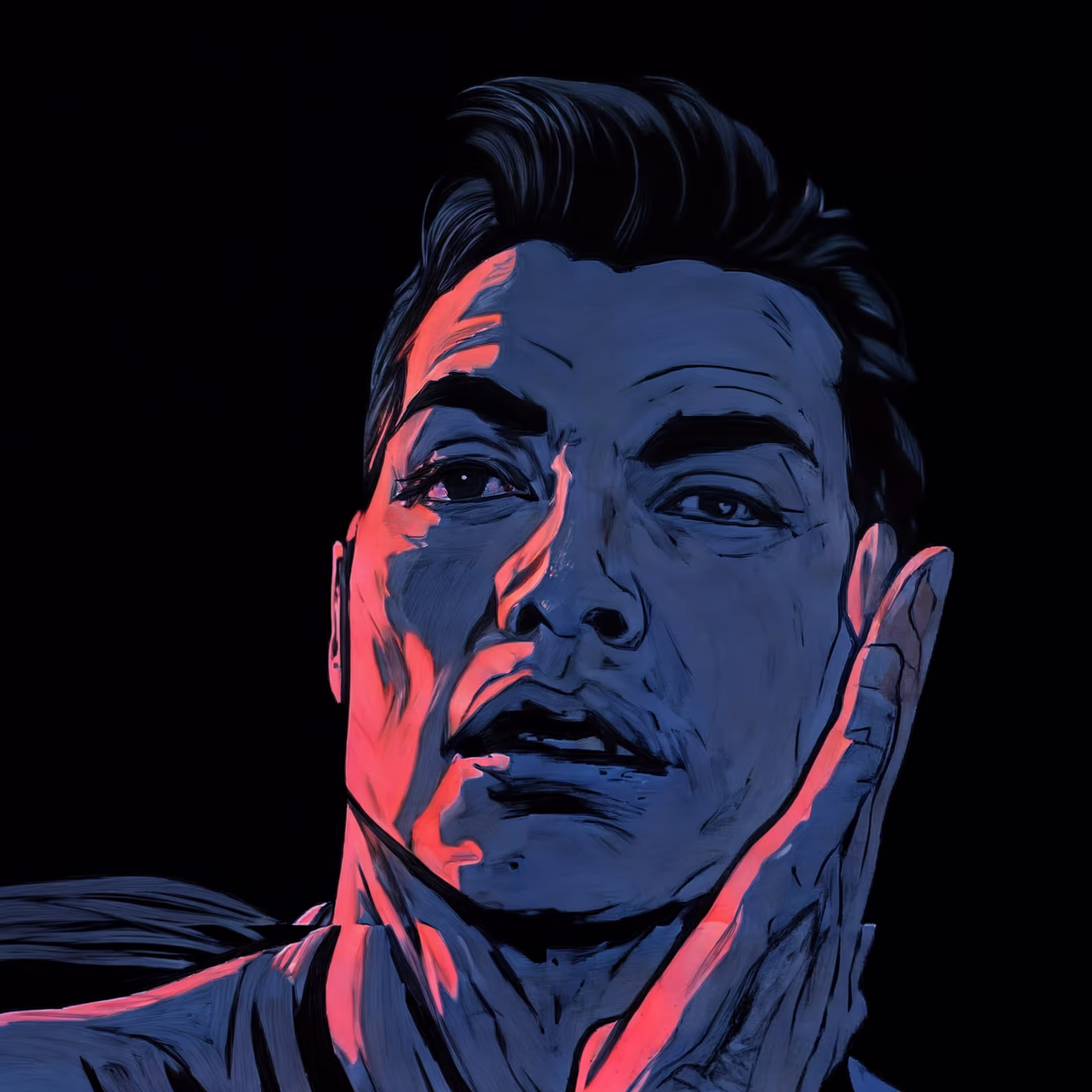 A drawing of a man with his hands on his face