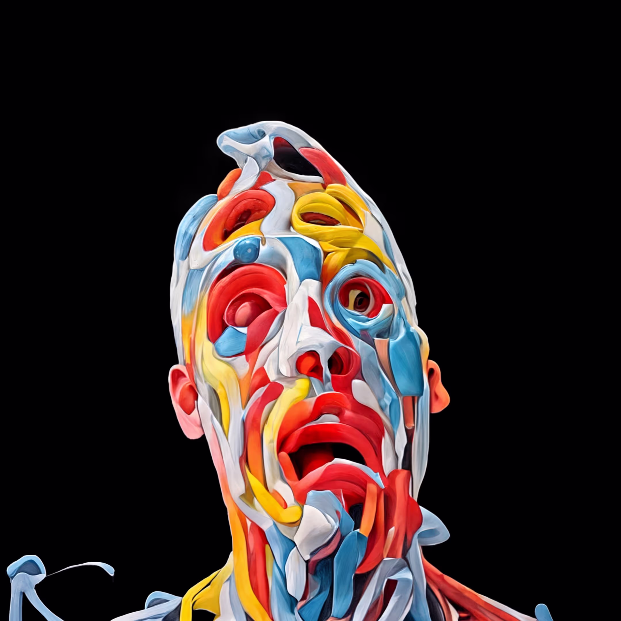 A painting of a man's face made up of different colored objects
