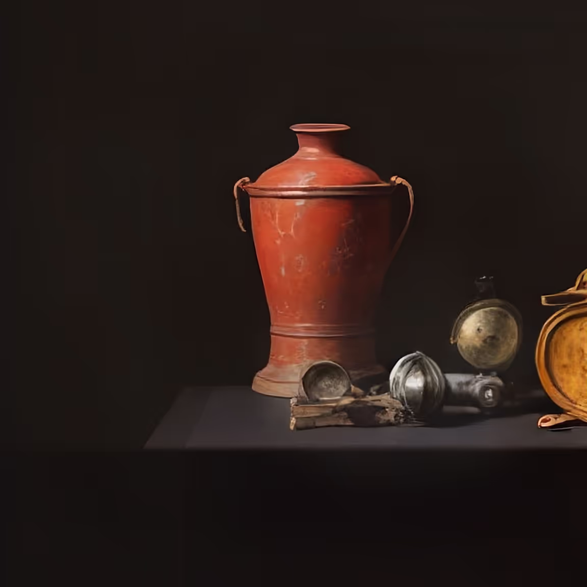 A red vase sitting on top of a table next to other items
