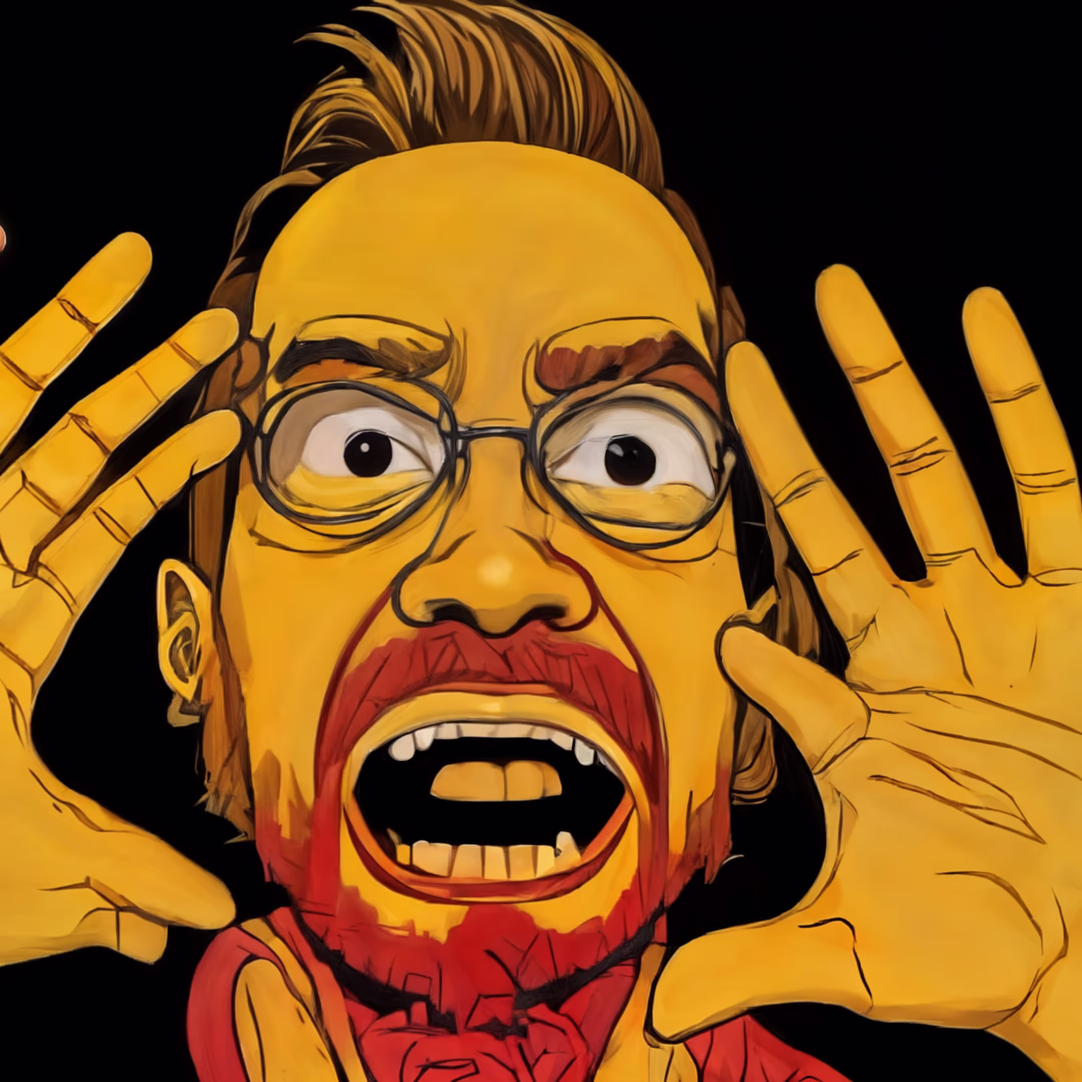 A painting of a man wearing glasses and a red shirt