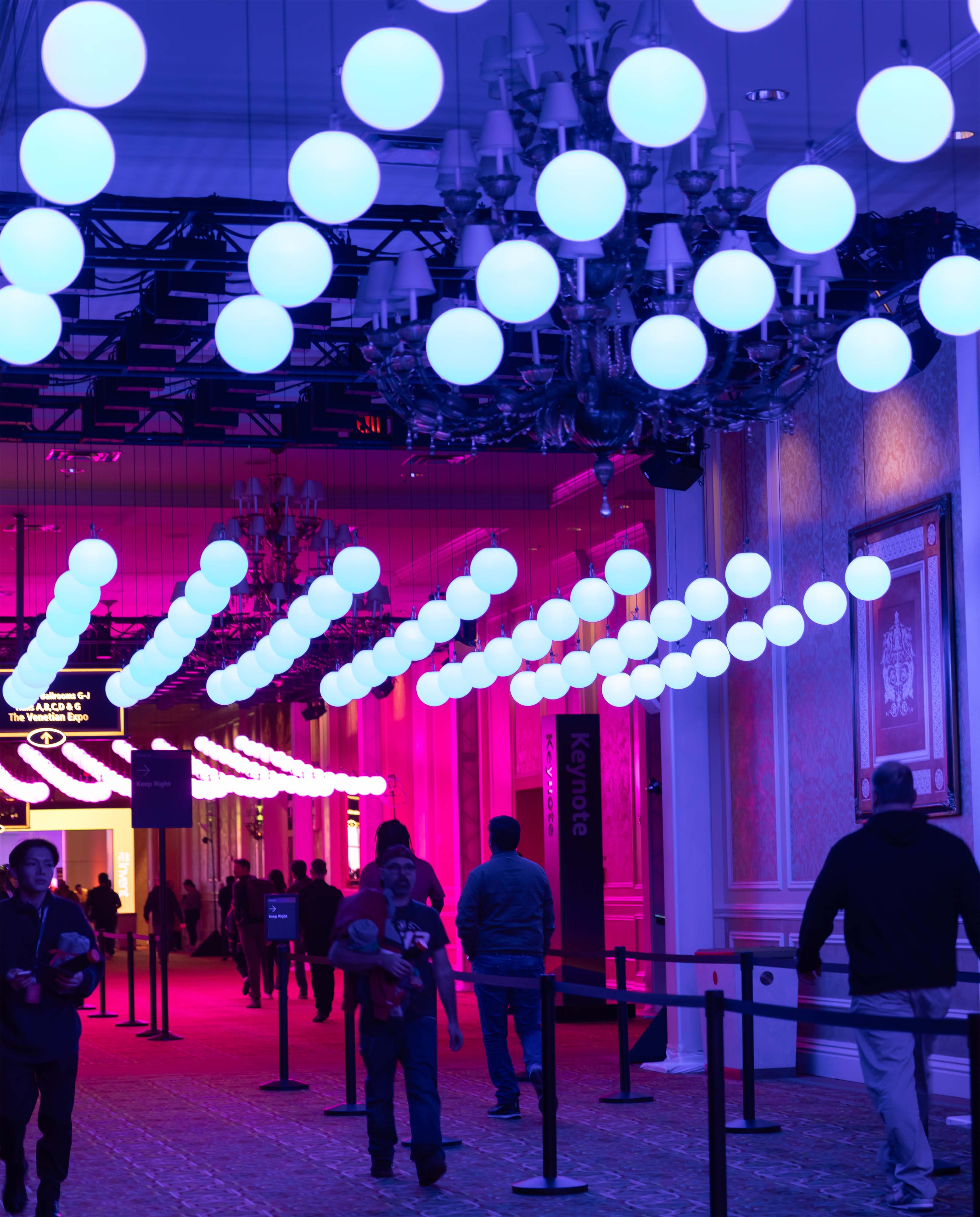 red and blue lighting with large white lightbulbs