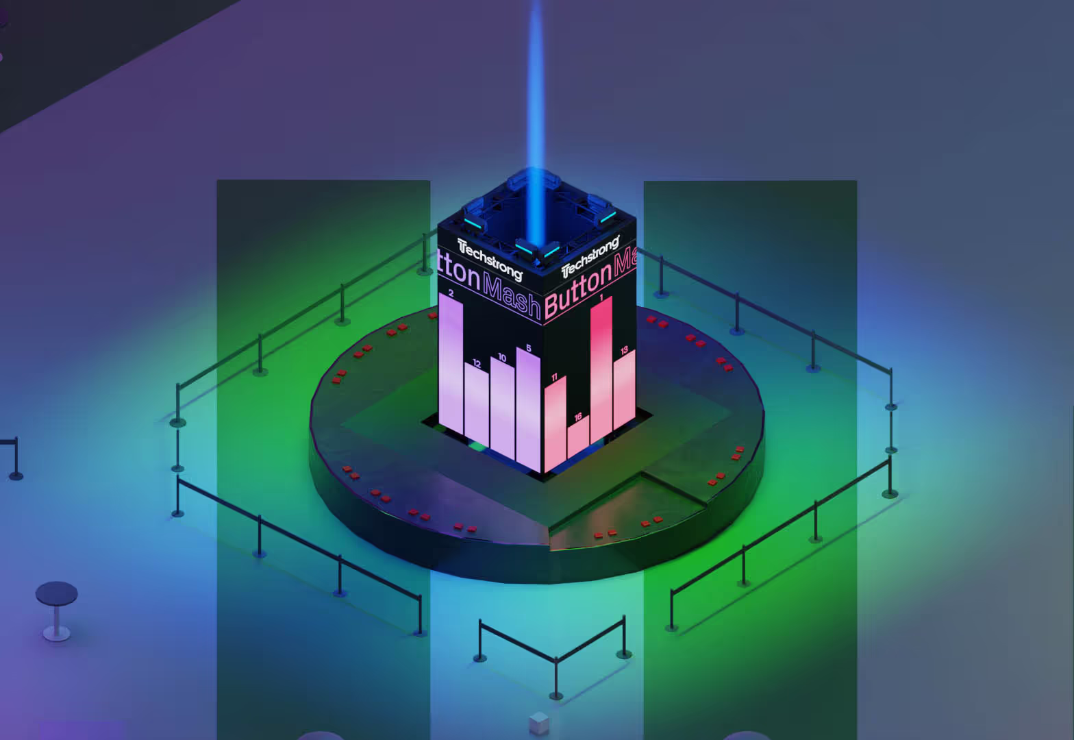 Illuminated digital bar chart cube with 'Button Mash' and 'Techstrong' text surrounded by small red buttons and barriers on a circular platform.