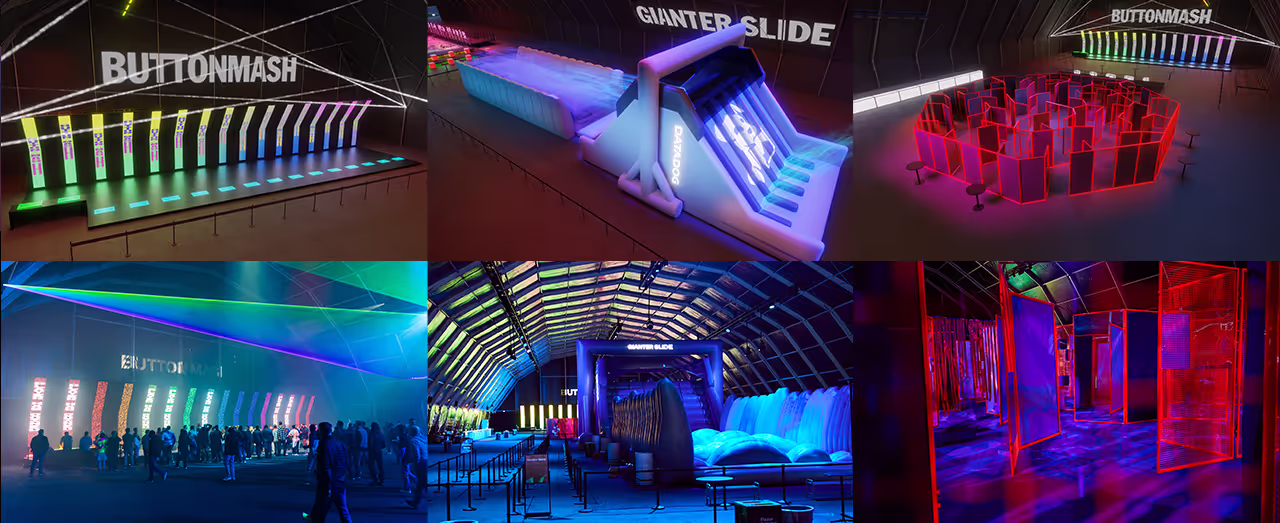 Collage of neon-lit indoor game setups including a button mash reaction game, giant inflatable slide, maze-like seating area, and scenes with people gathered under colorful laser lights.