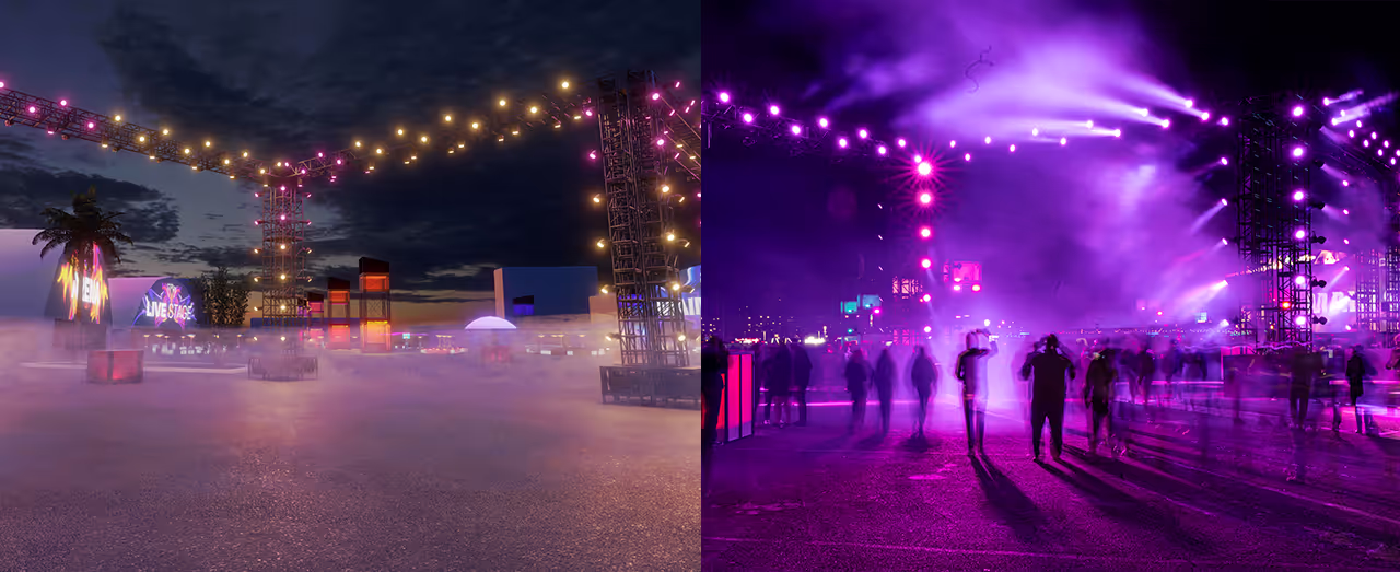 Split image showing an empty outdoor concert stage with string lights at dusk on the left, and a nighttime view on the right.