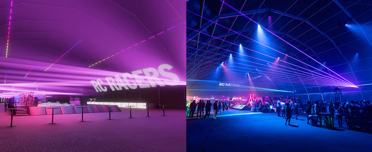 Two images of an indoor event space with RC Racers signage, colored lighting, and laser light effects.