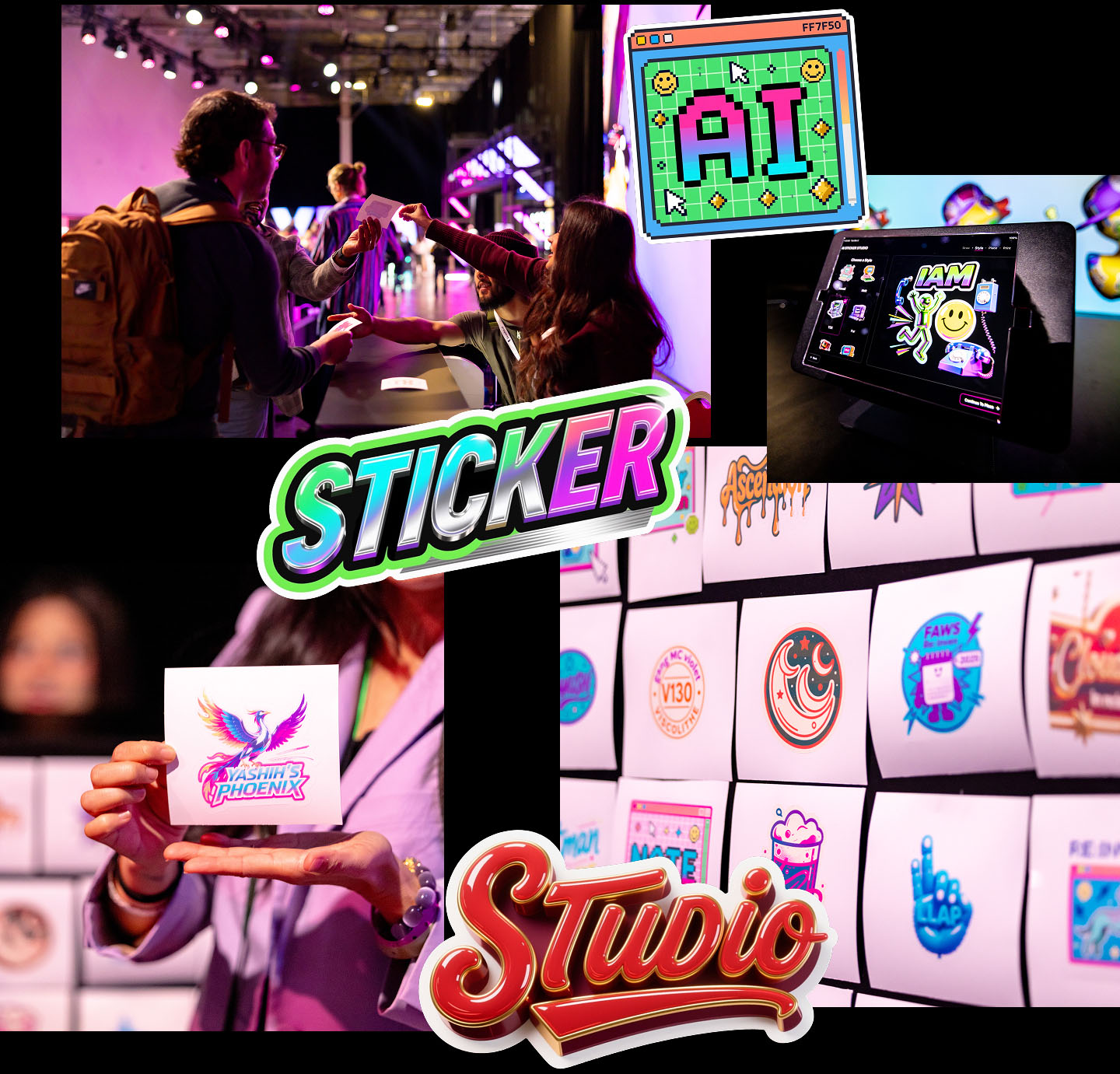 Collage featuring people exchanging stickers at a counter and holding a sticker, a digital tablet displaying colorful cartoon graphics, a grid wall of various playful sticker designs
