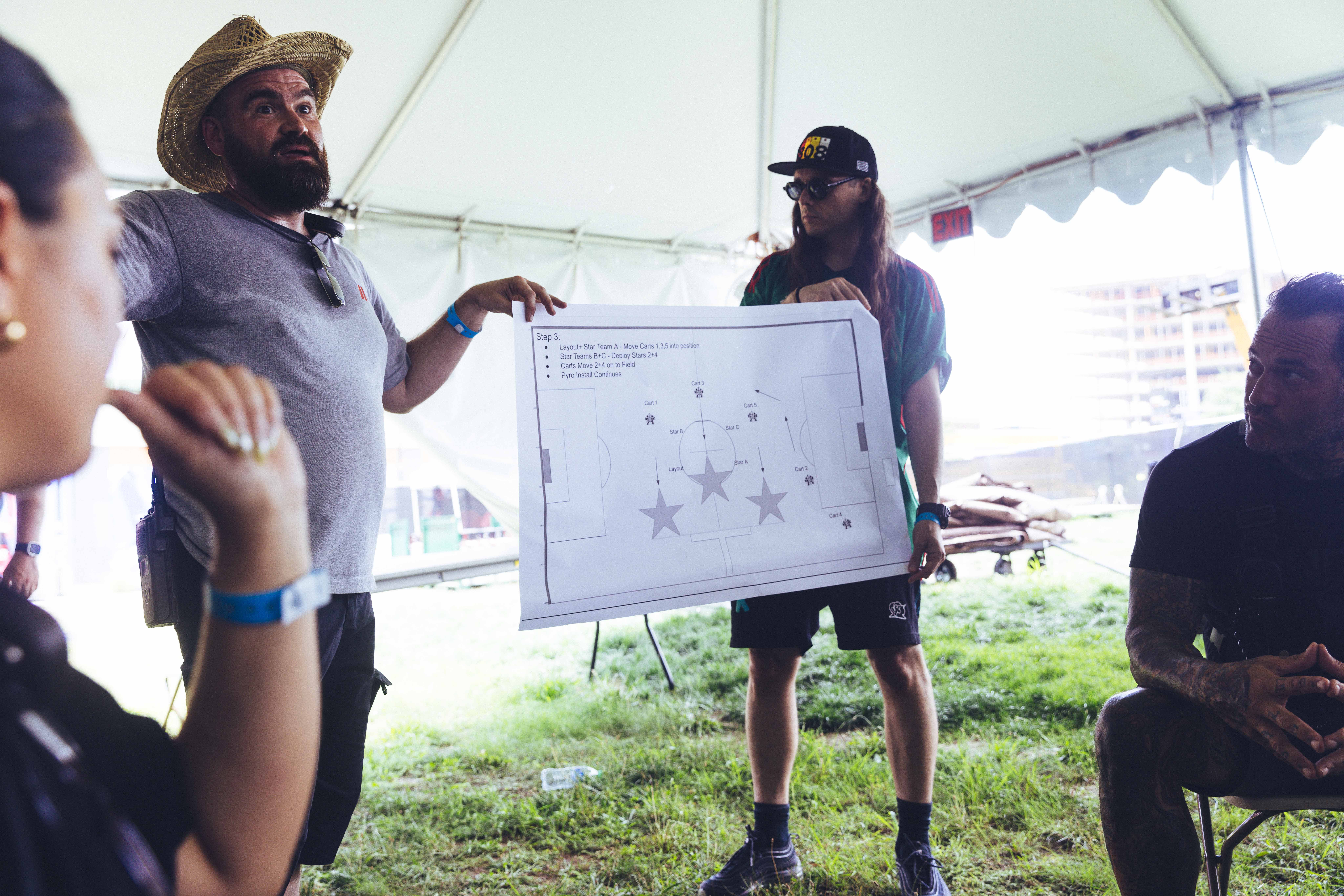 a person standing on grass holding a whiteboard