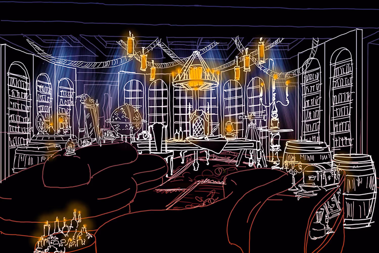 Illustration of a dimly lit, vintage-style library with large arched windows, bookshelves, candles, globe, and cozy seating area.