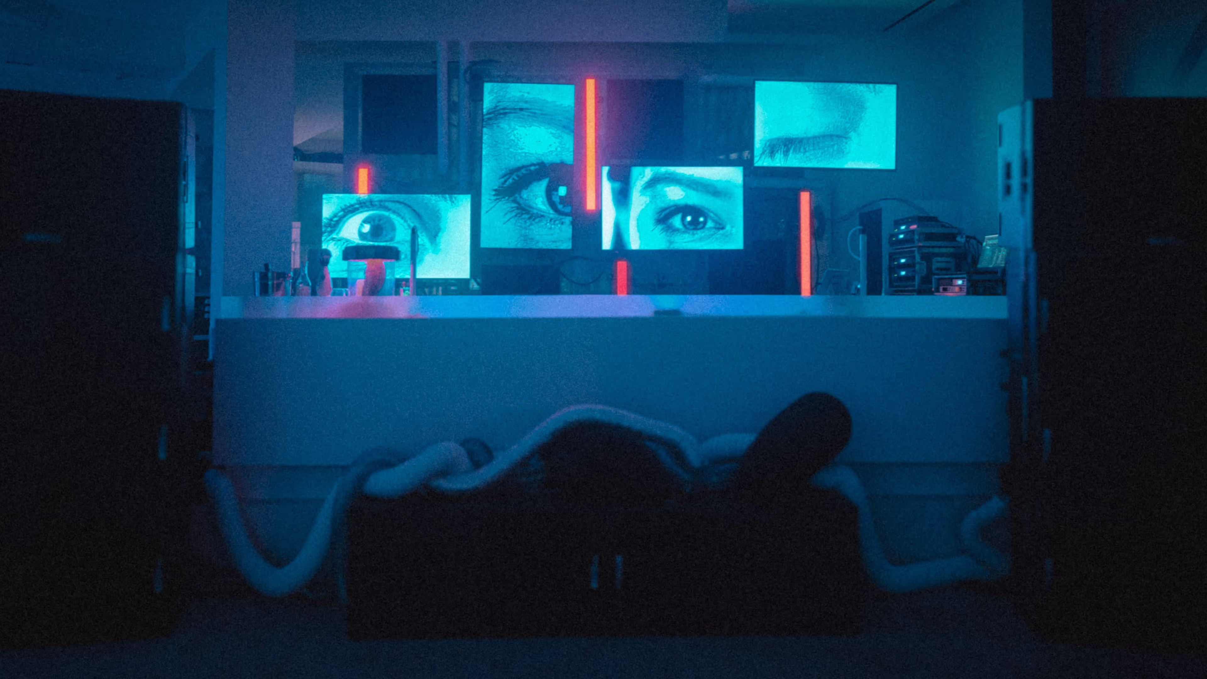 sci-fi monitors with blue lighting