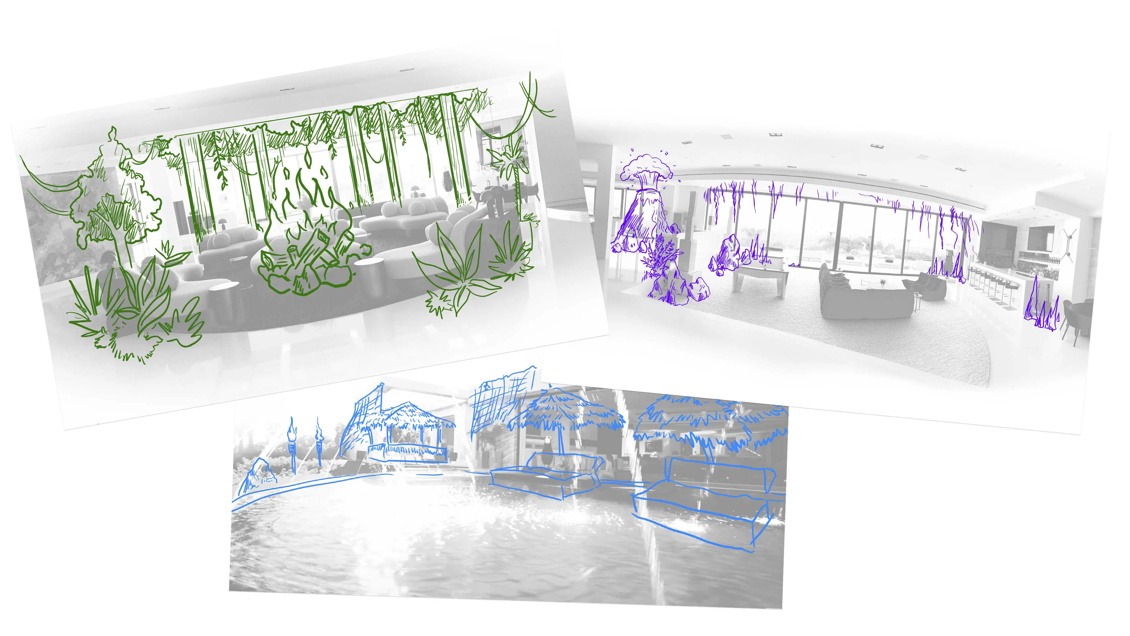 Three black and white photos of modern interiors and a pool with colored hand-drawn nature-inspired sketches including plants, fire, mushrooms, and tiki huts overlaid.