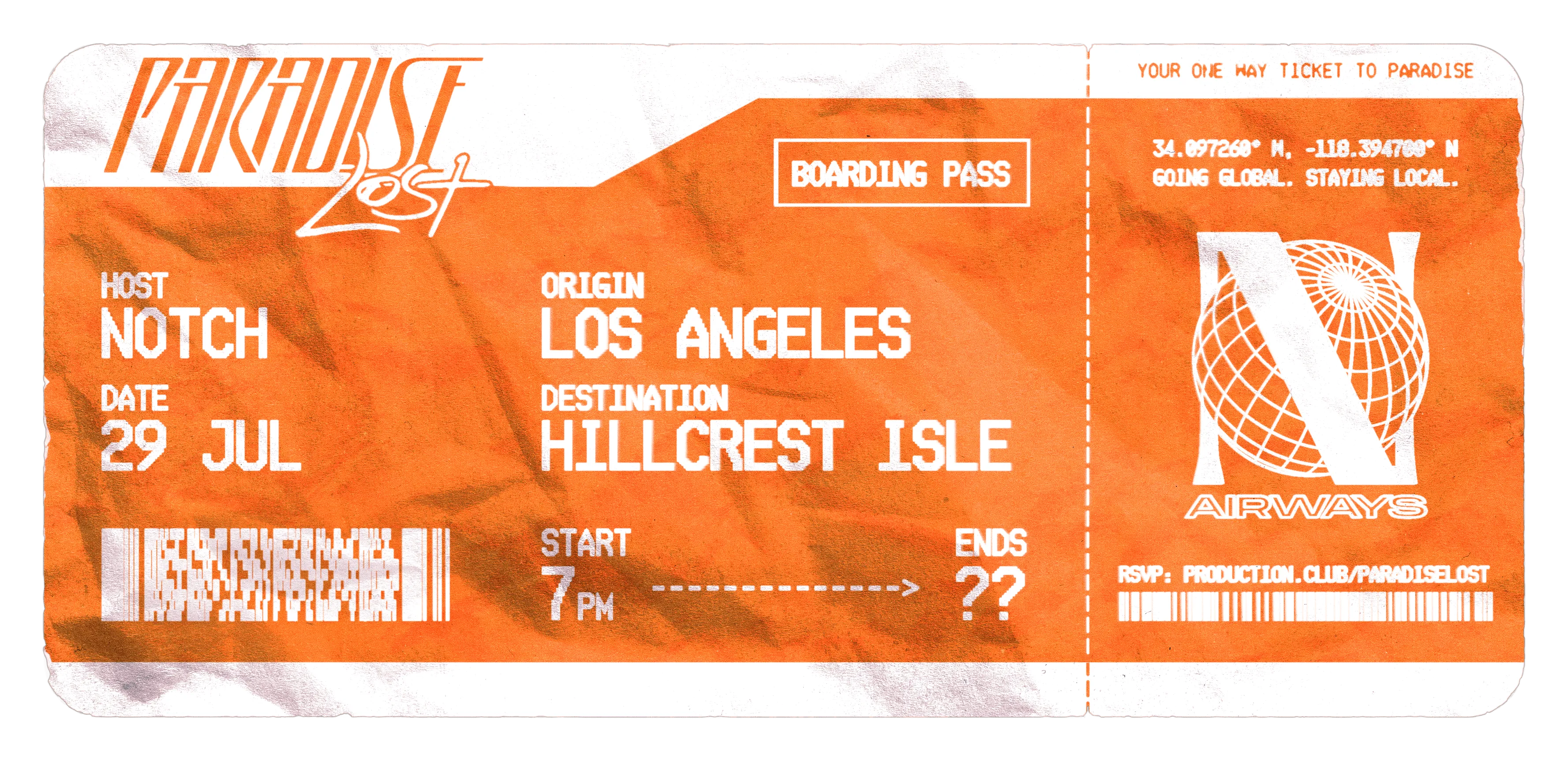 Orange and white boarding pass titled Paradise Lost, from Los Angeles to Hillcrest Isle, hosted by Notch, dated July 29, starts at 7 PM, with Airways logo and RSVP link.