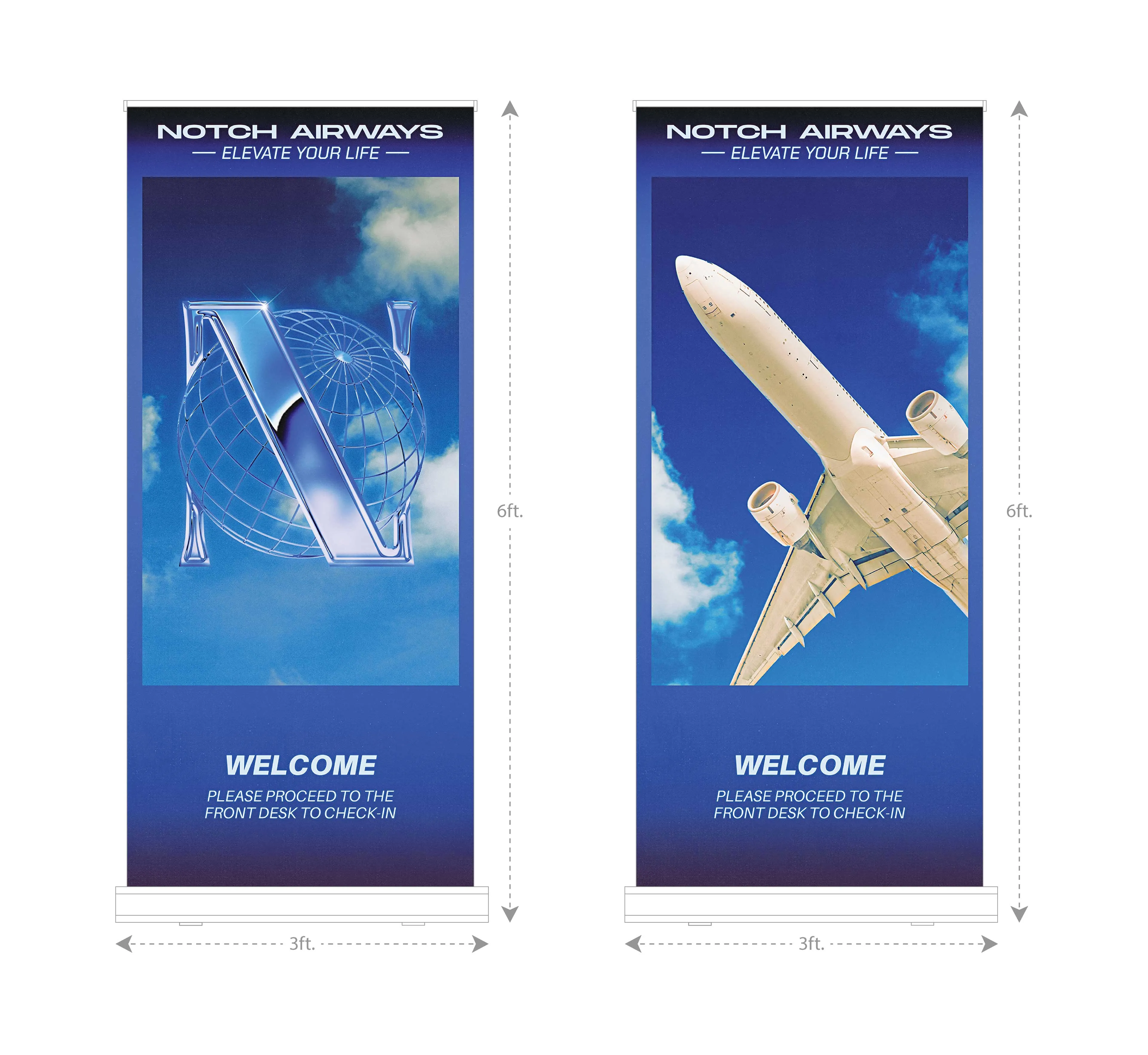 Two blue vertical banners side by side for Notch Airways, each 6 feet tall and 3 feet wide, with the slogan 'Elevate Your Life' and 'Welcome Please proceed to the front desk to check-in'. The left banner features a shiny metallic letter N over a globe with clouds, the right banner shows a white airplane flying against a blue sky with clouds.