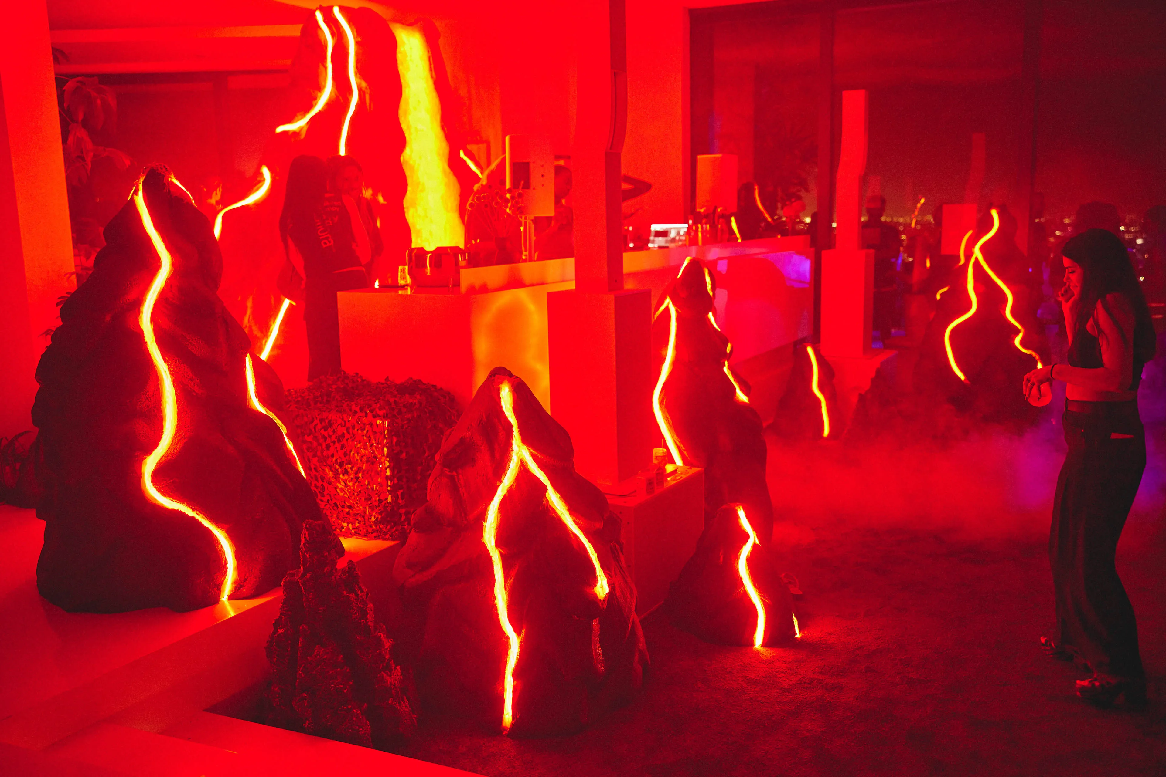 fabricated volcano structures with red light
