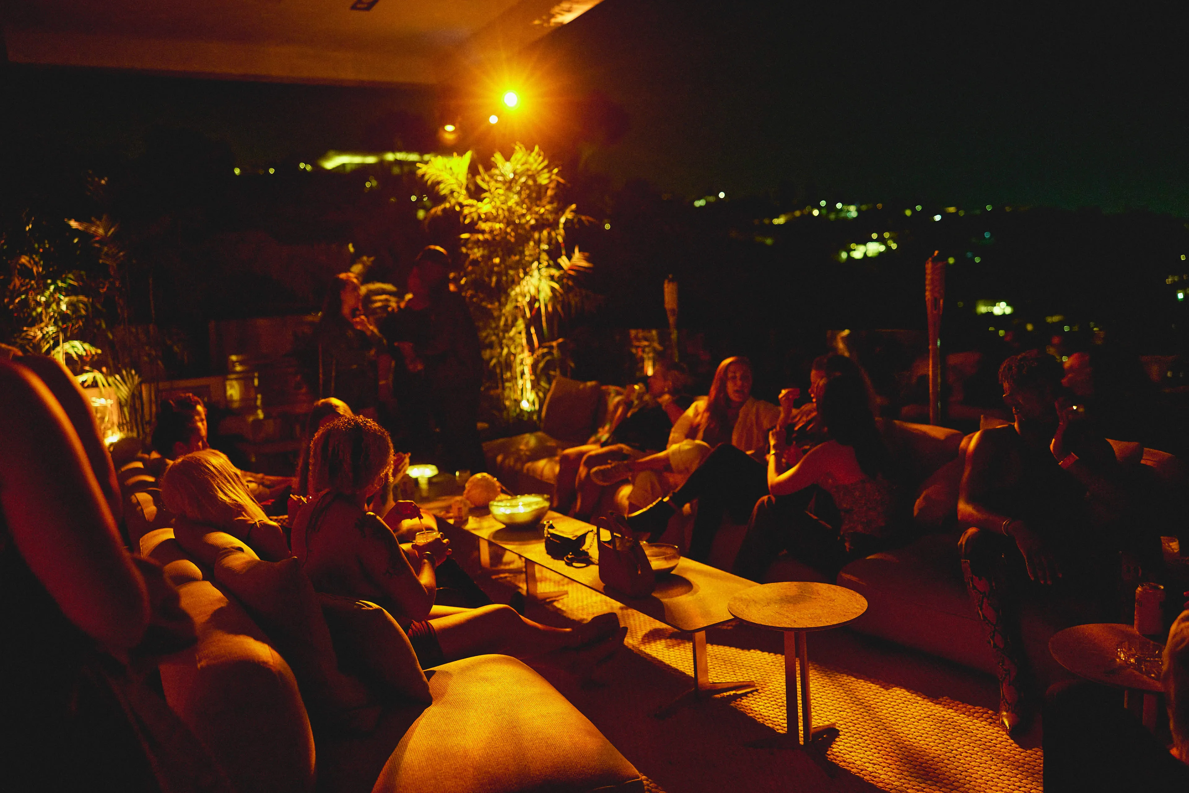 outdoor seating with warm light