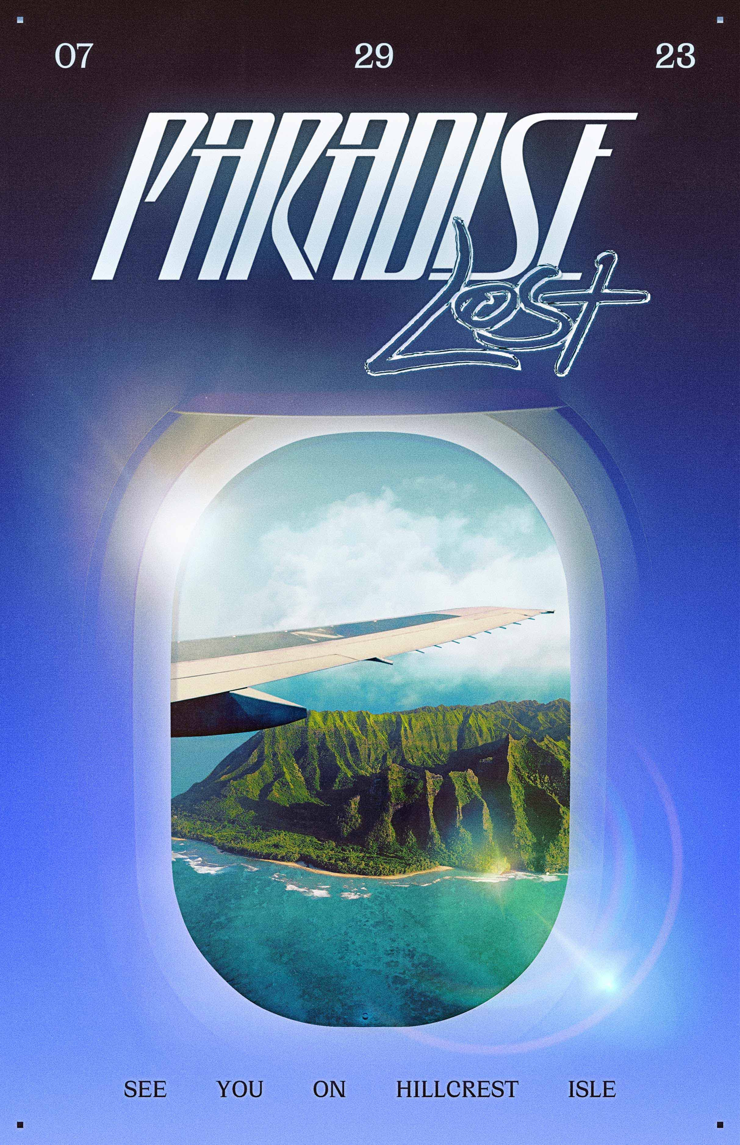 party flyer showing outside of an airplane window