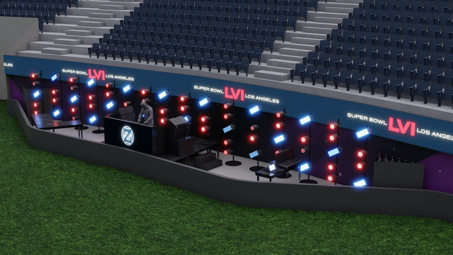 DJ booth setup at a stadium with colorful lights and a banner reading Super Bowl LVI Los Angeles above empty seats.