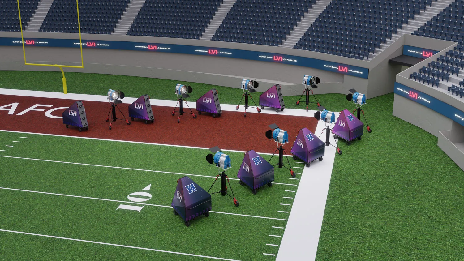 Spotlights with Super Bowl LVI and NFL logos positioned on and around a football field end zone with empty stadium seats.