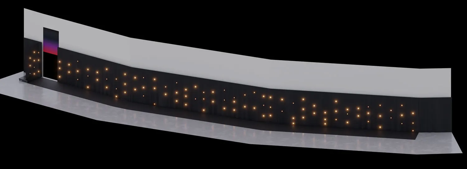 Long, curved black wall installation with numerous small glowing lights and a doorway showing a purple and pink gradient sky.