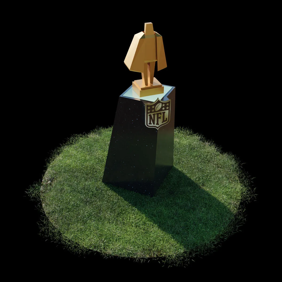 NFL MVP trophy with a golden abstract football player figure on a black pedestal placed on a grassy circular patch.