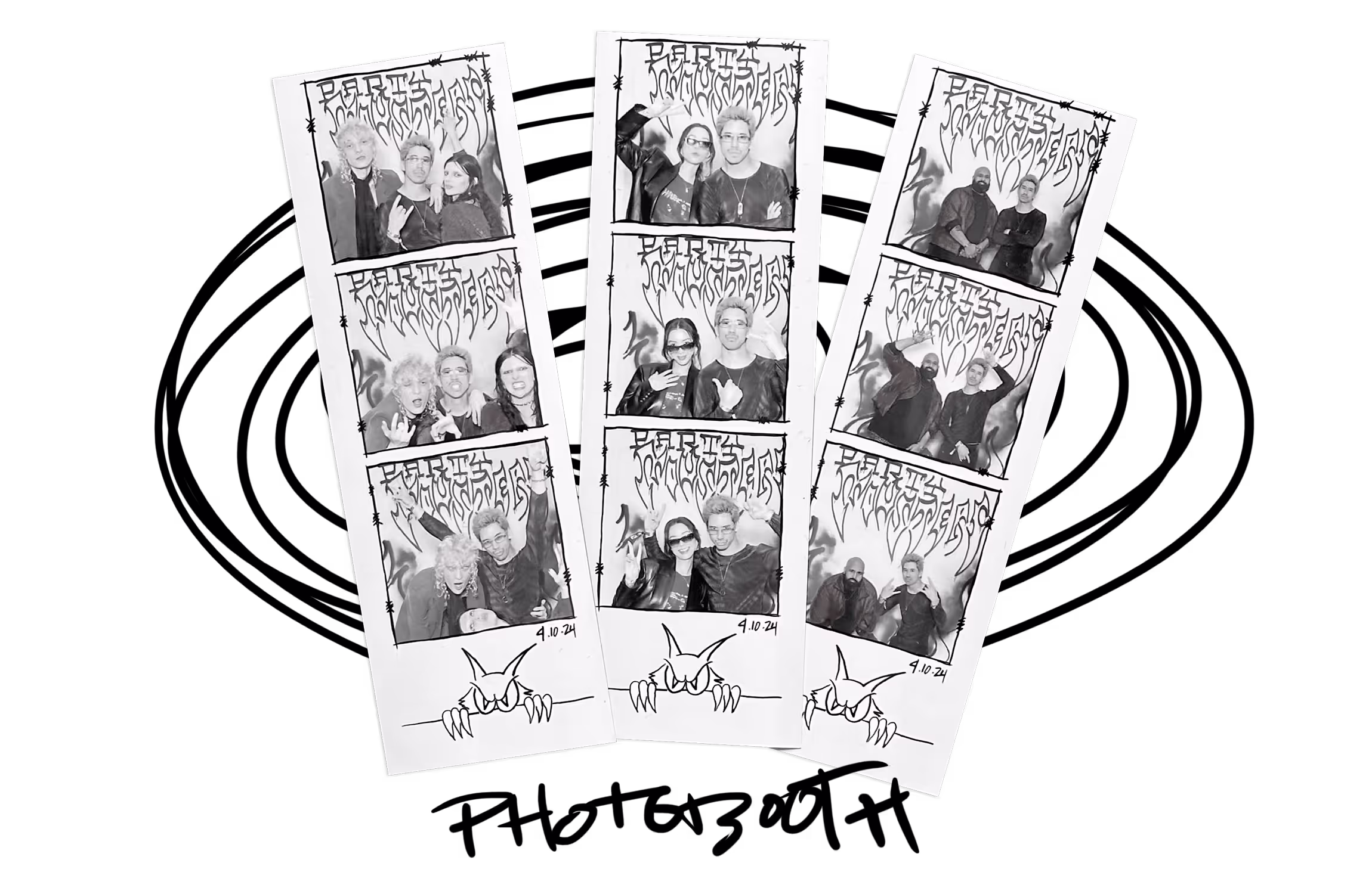 A group of four photos of people on a black background.