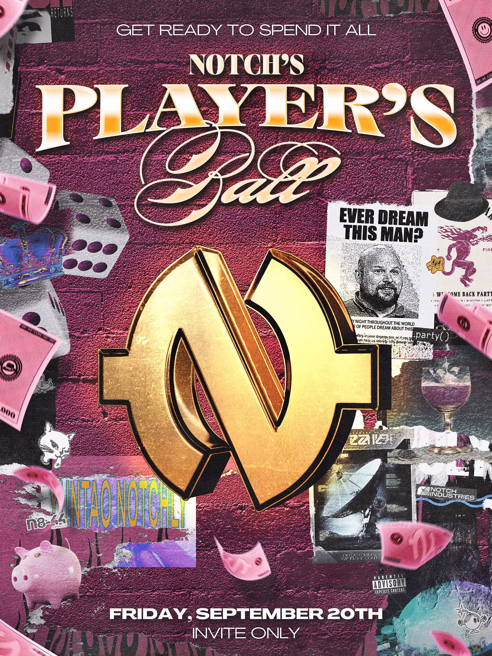 Poster for Notch's Player's Ball event with a large gold stylized N logo, date Friday, September 20th, and various graphic elements like dice, money, and a wanted poster.