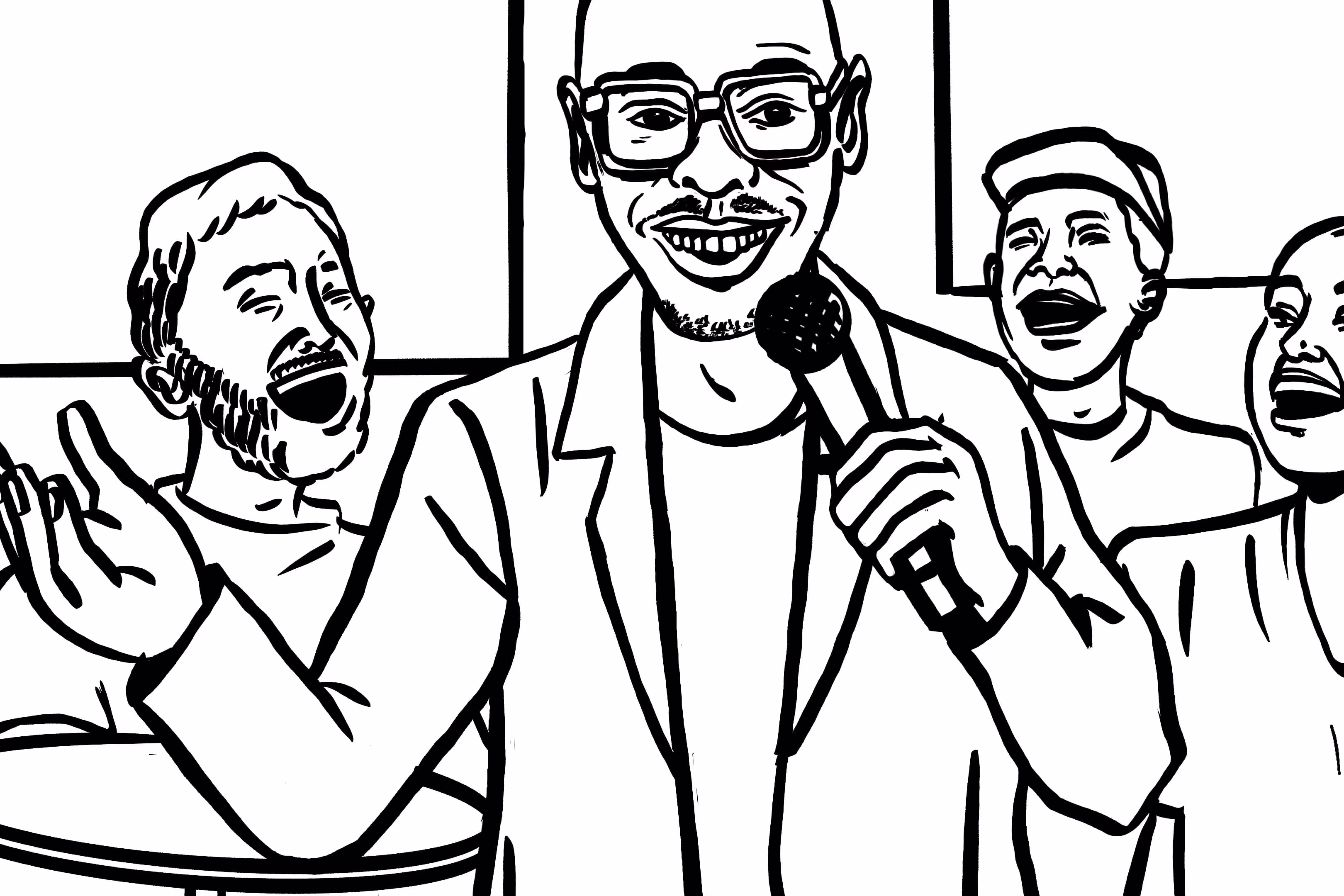 A drawing of a man holding a microphone.
