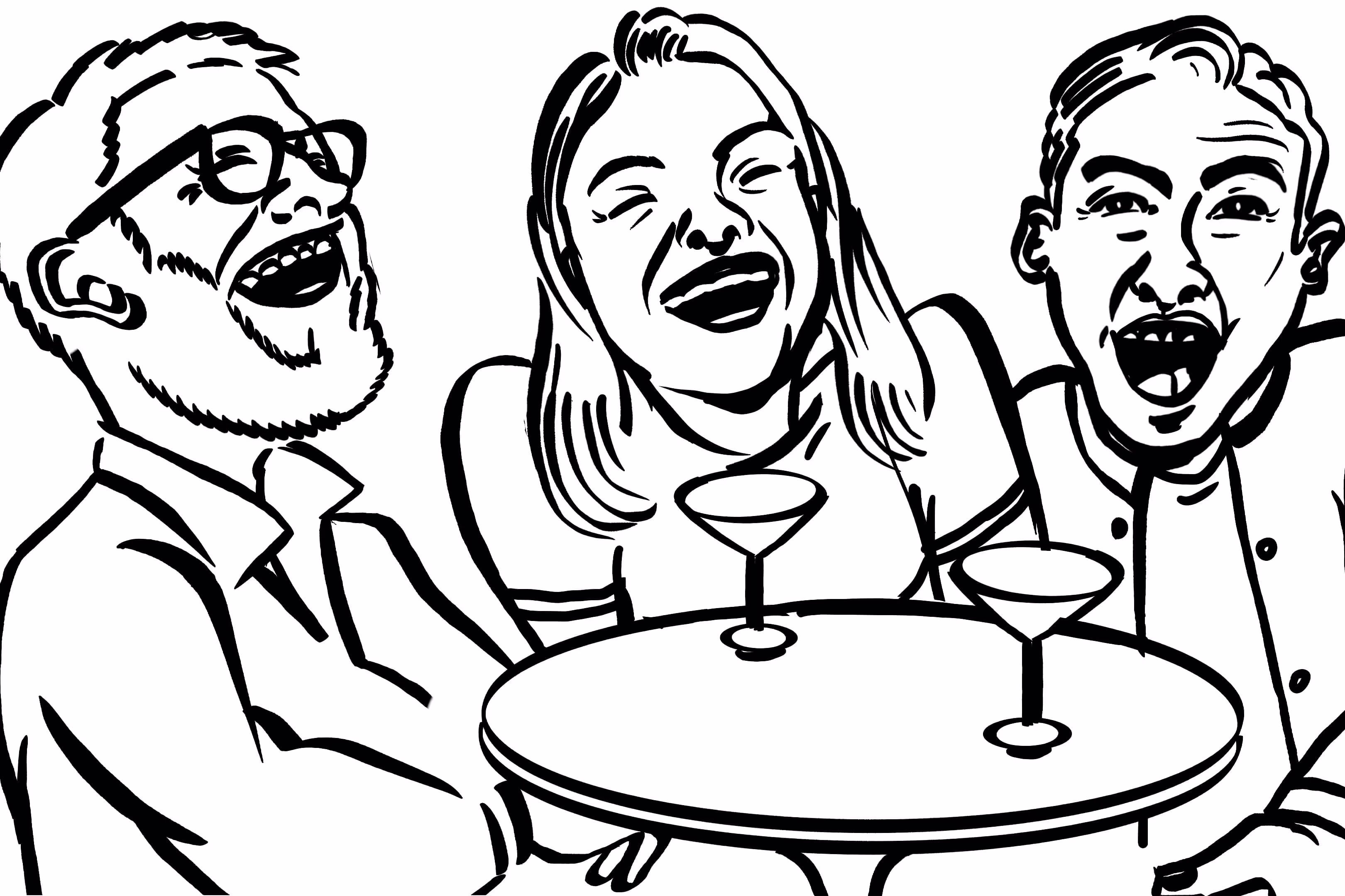 Black and white illustration of three people laughing around a table with two cocktail glasses.