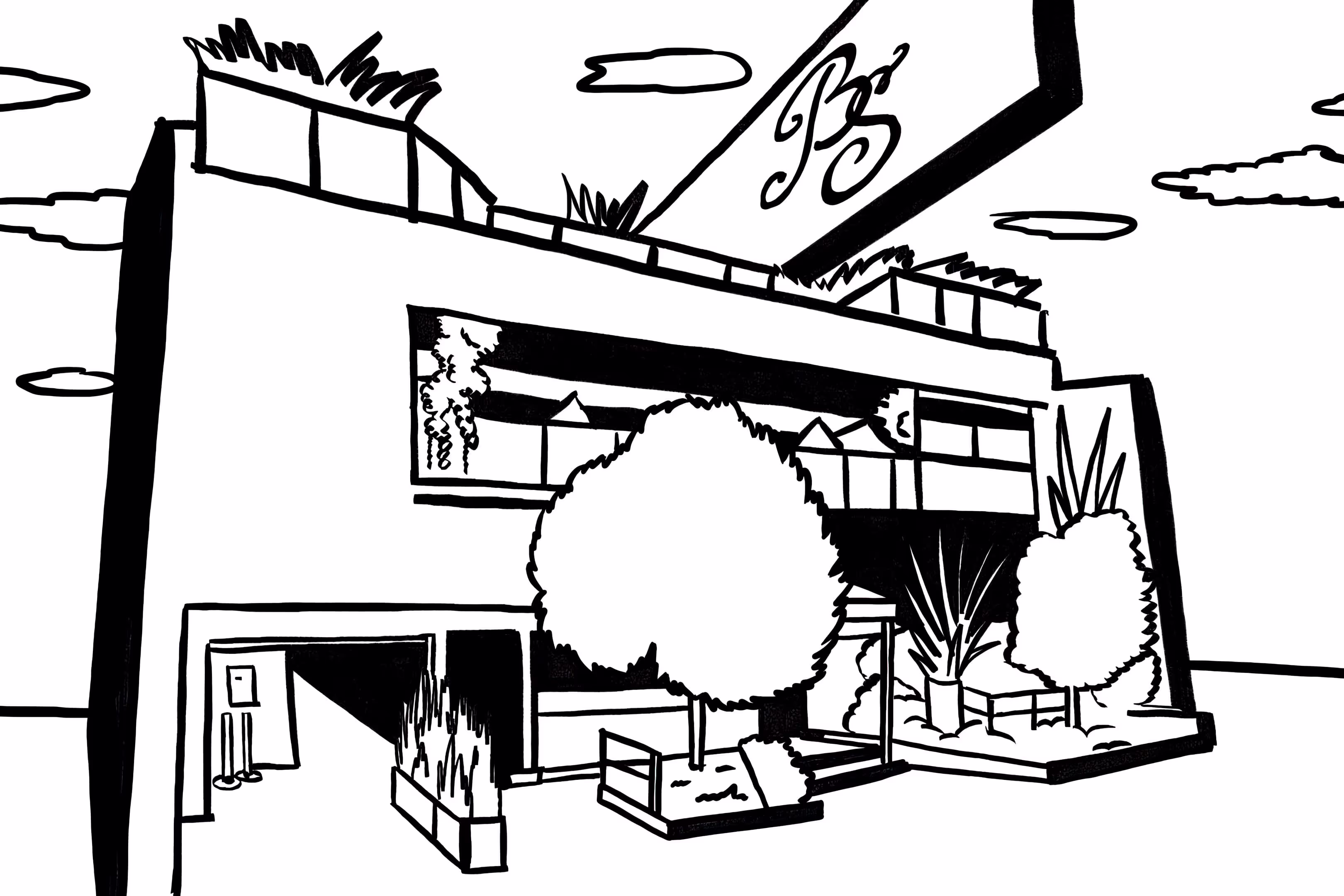 A black and white drawing of a building.