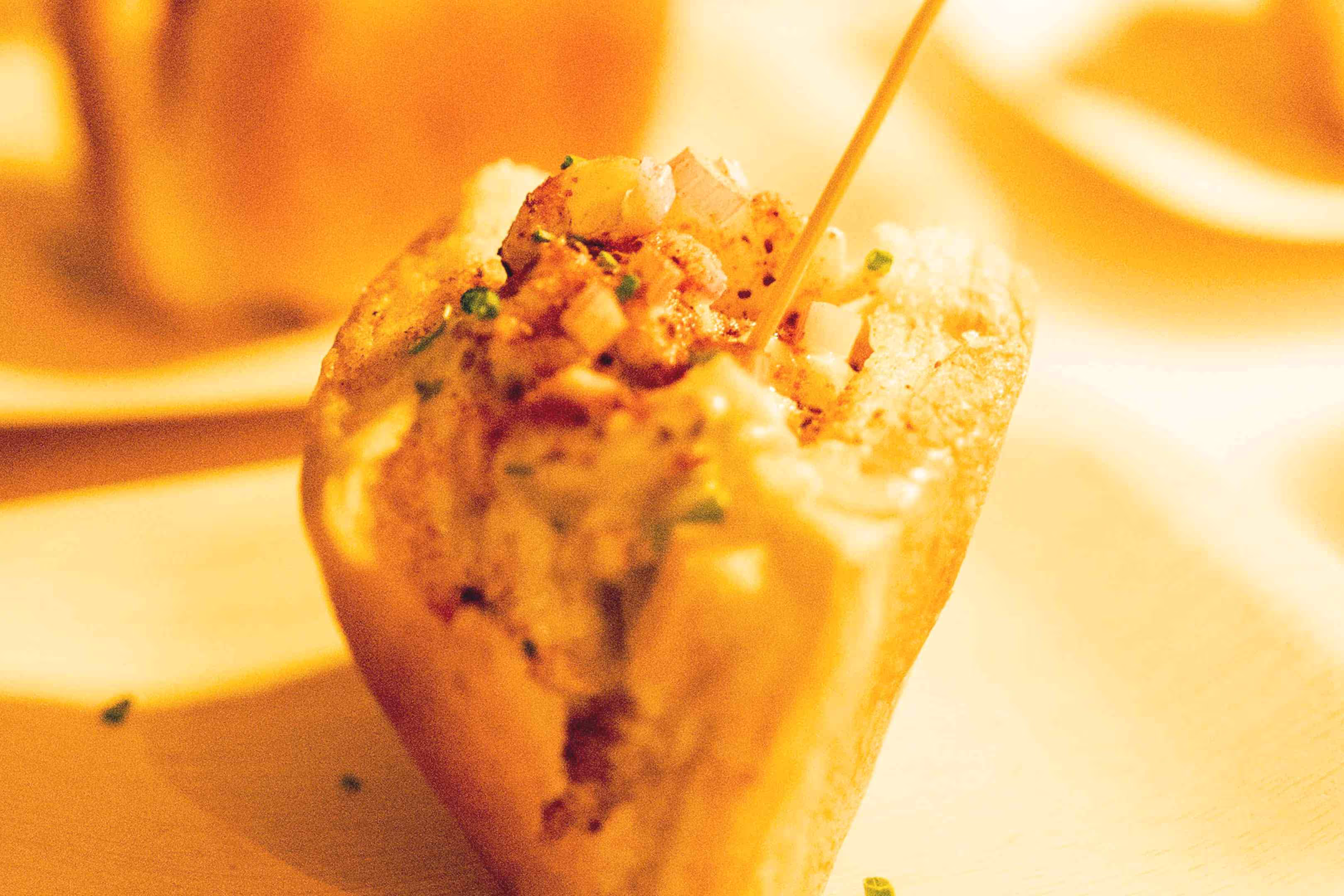 A close up of a food item on a plate.
