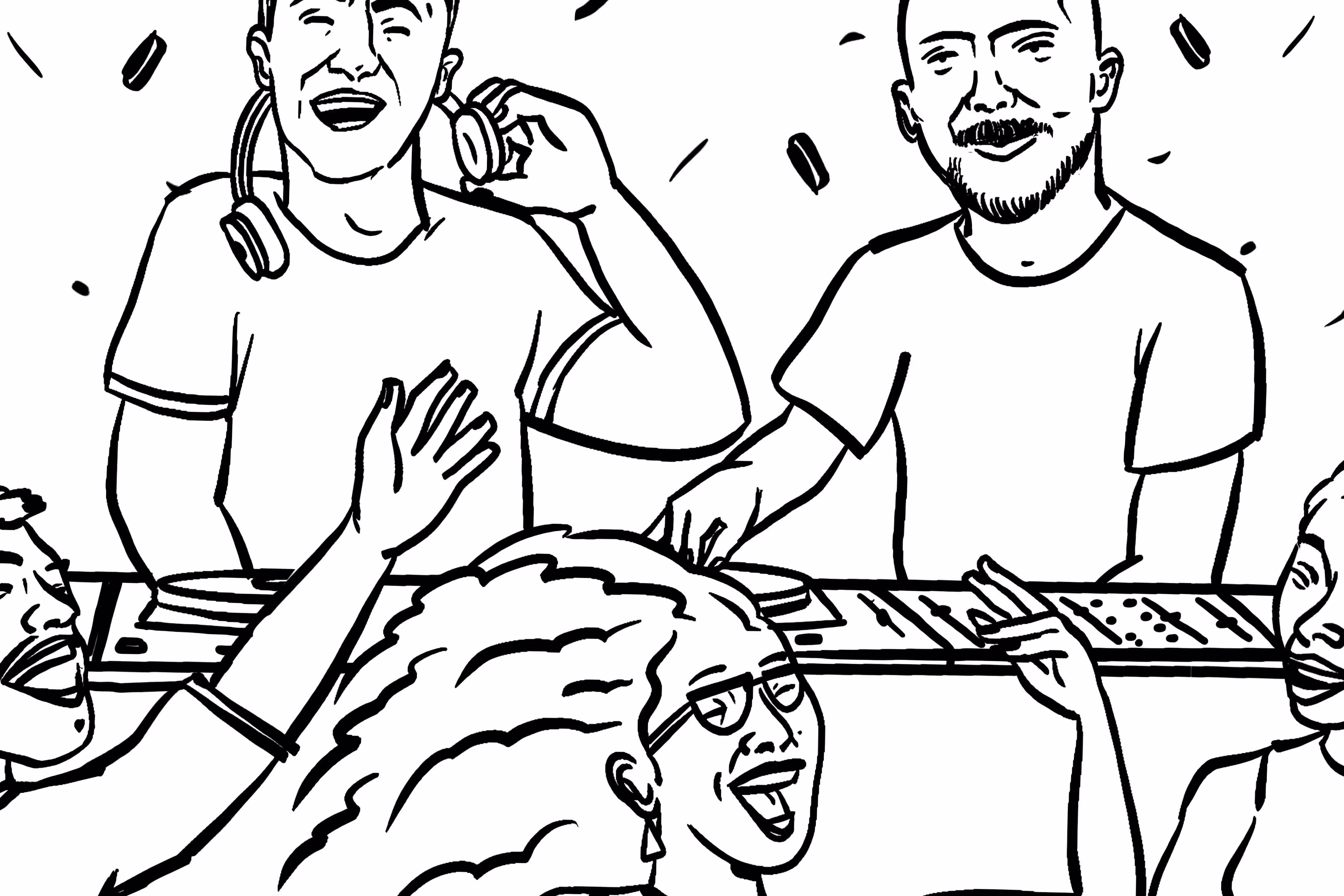 A line drawing of a dj and a crowd of people.