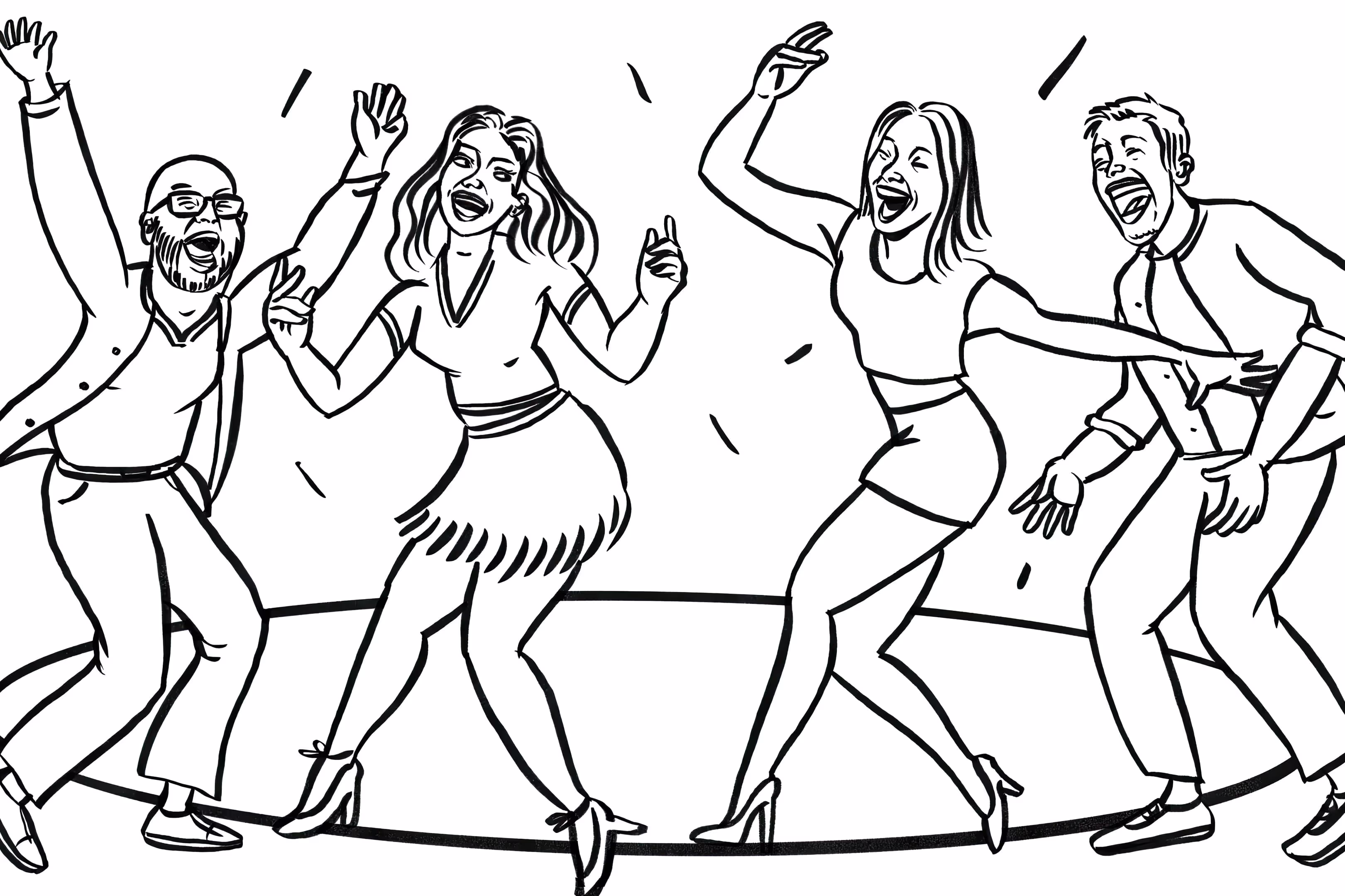 A line drawing of a group of people dancing.