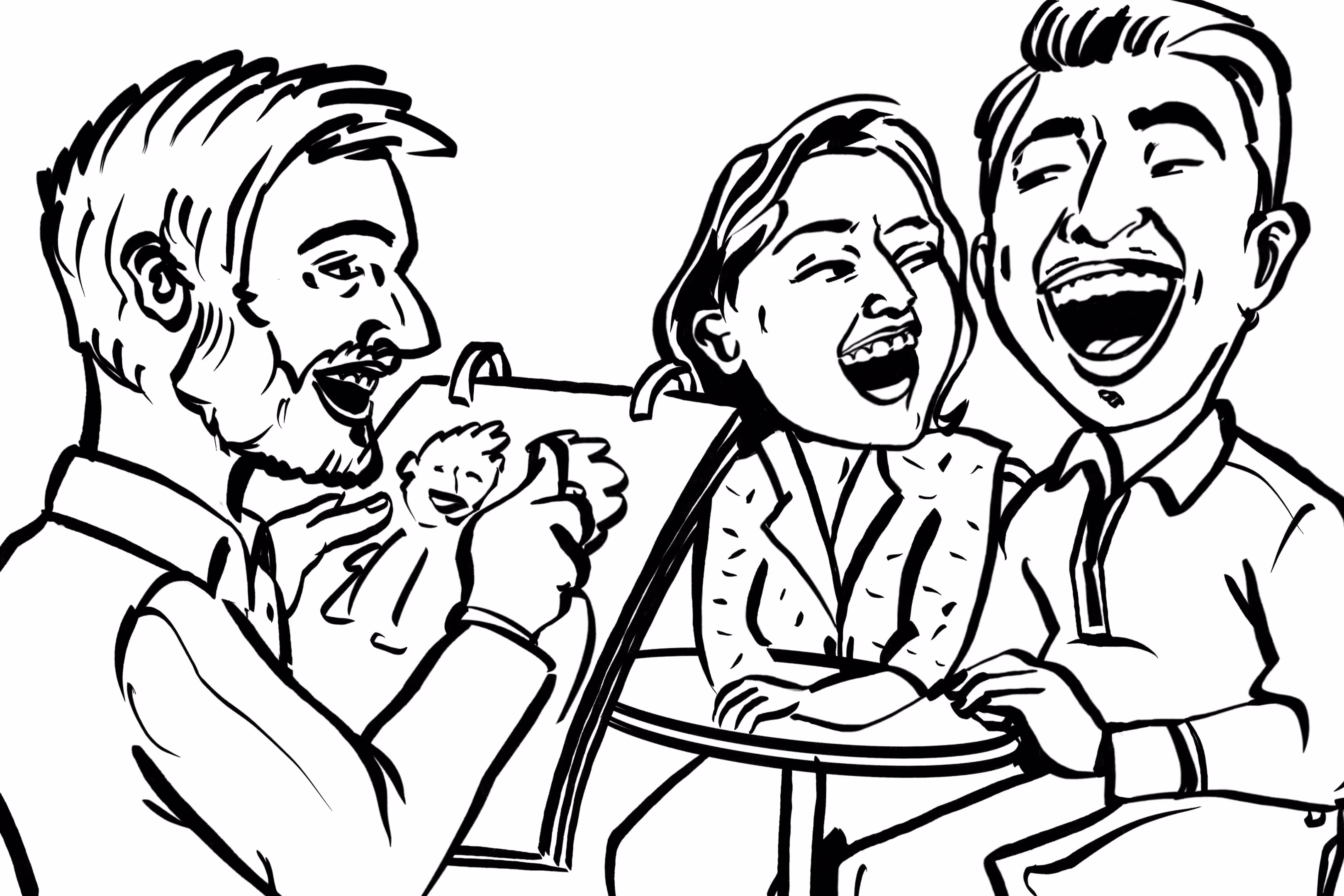 A black and white drawing of three people sitting at a table.