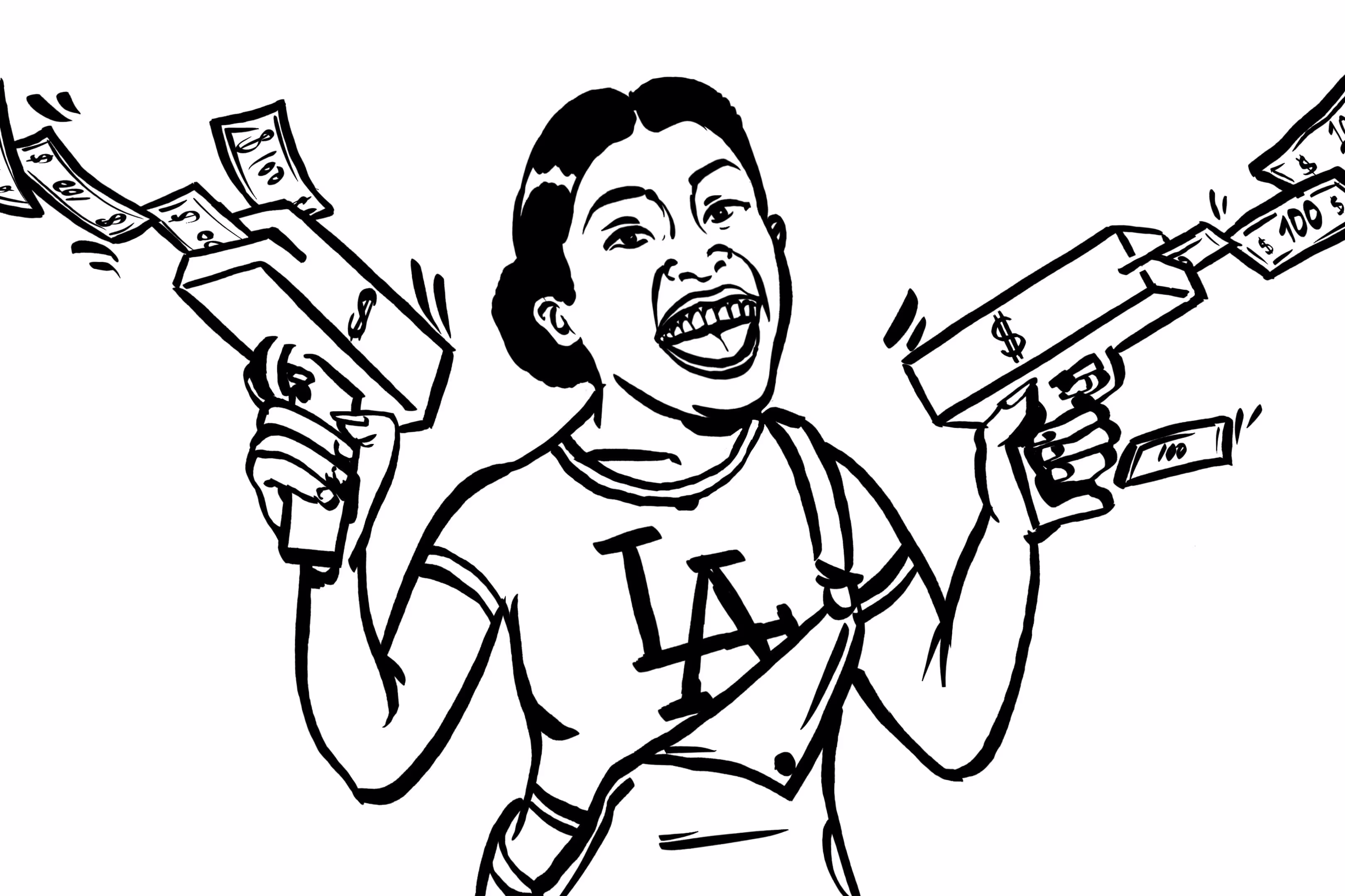 A drawing of a woman holding two money guns