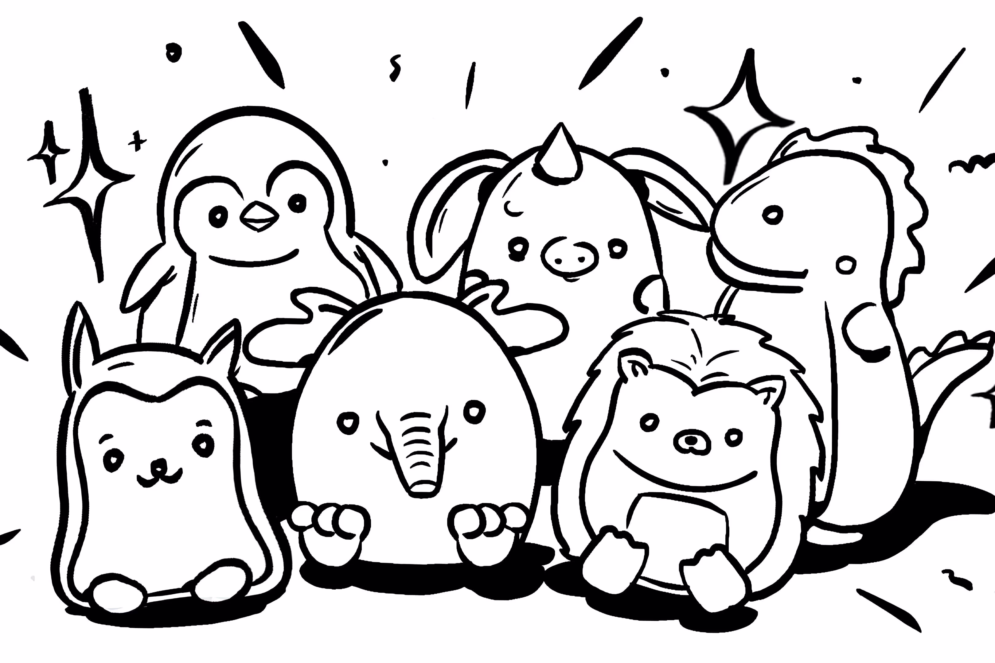 A group of stuffed animals sitting next to each other.