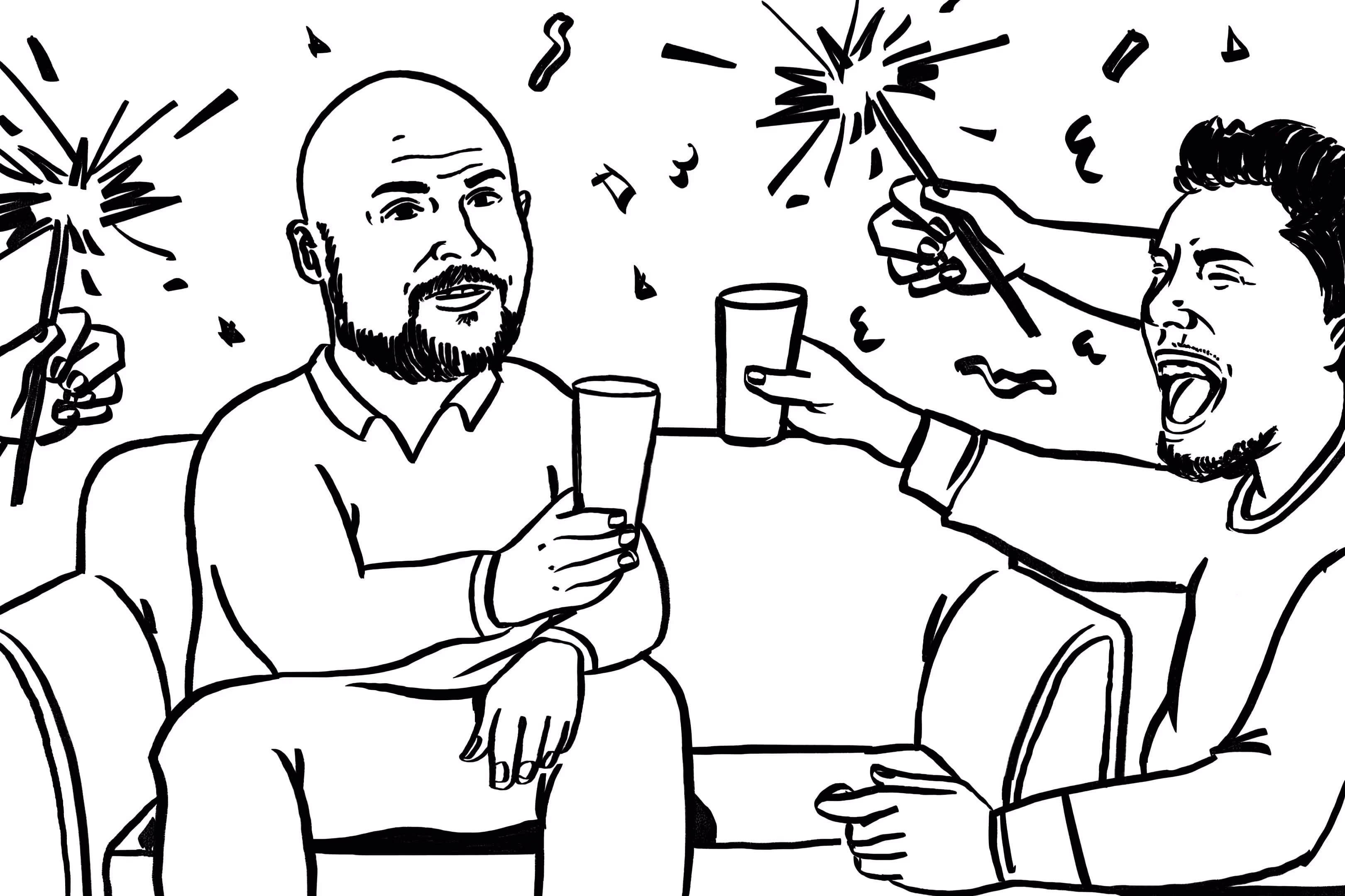 A line drawing of a man taking a picture with a cell phone.