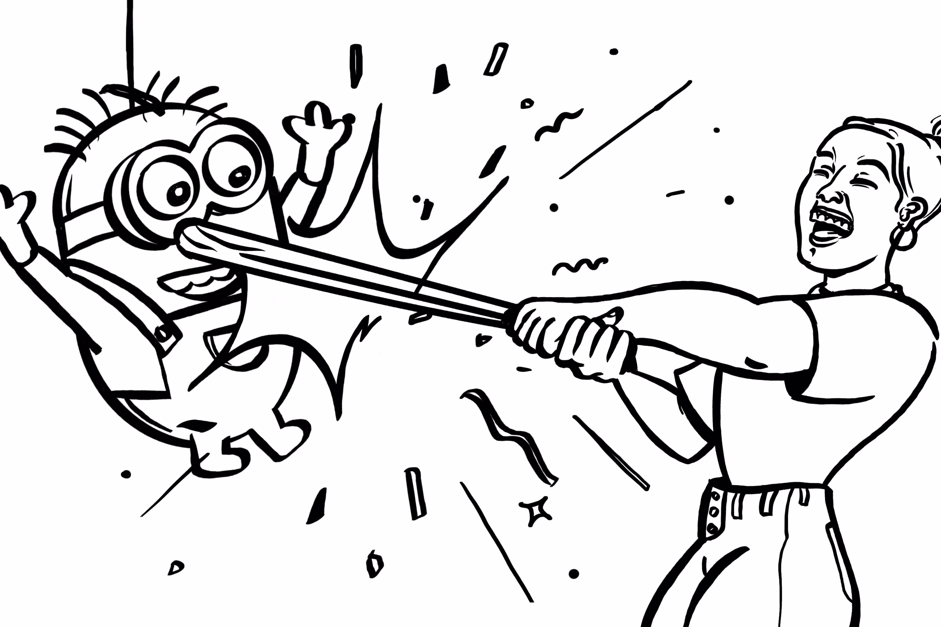 A drawing of a man holding onto a cartoon character.