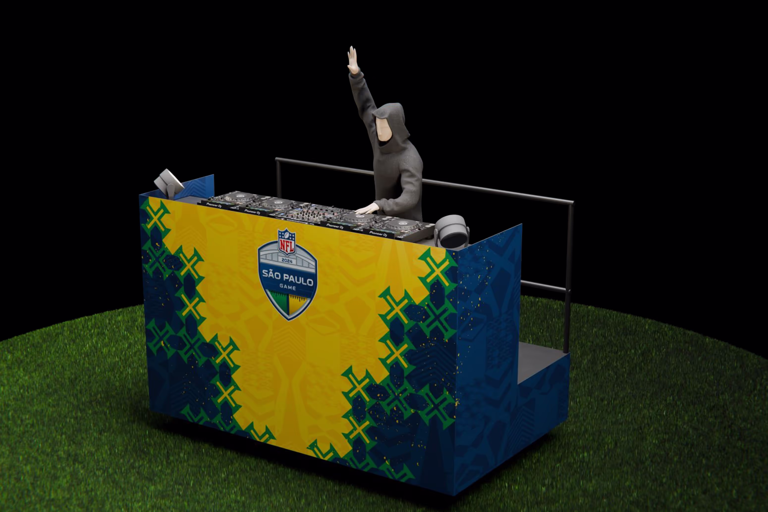 A man standing on top of a blue and yellow box.