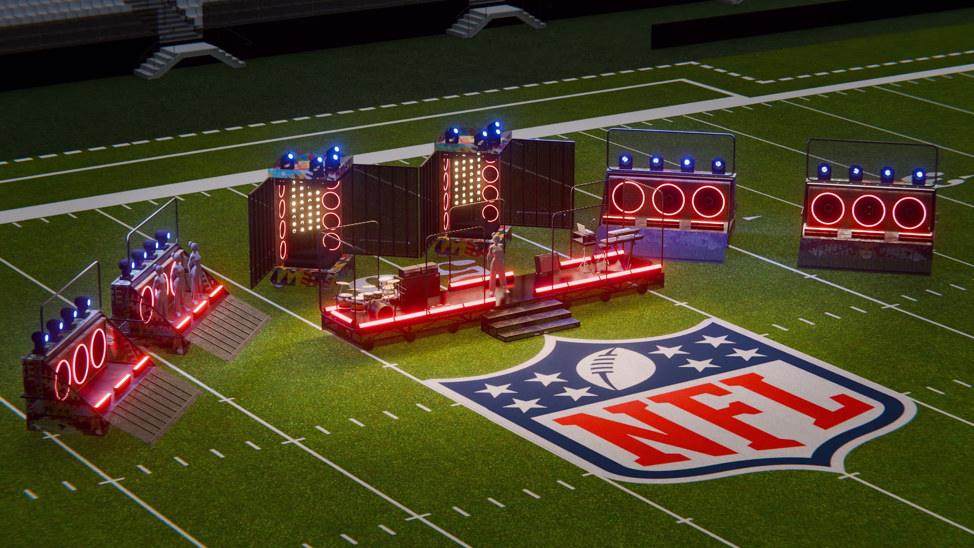 A football field with some lights on it.
