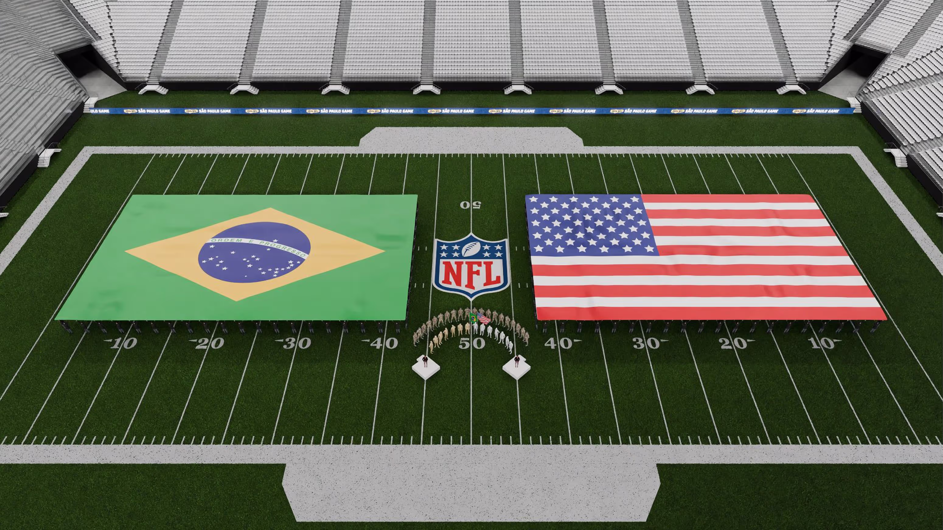 An aerial view of a football field with flags.