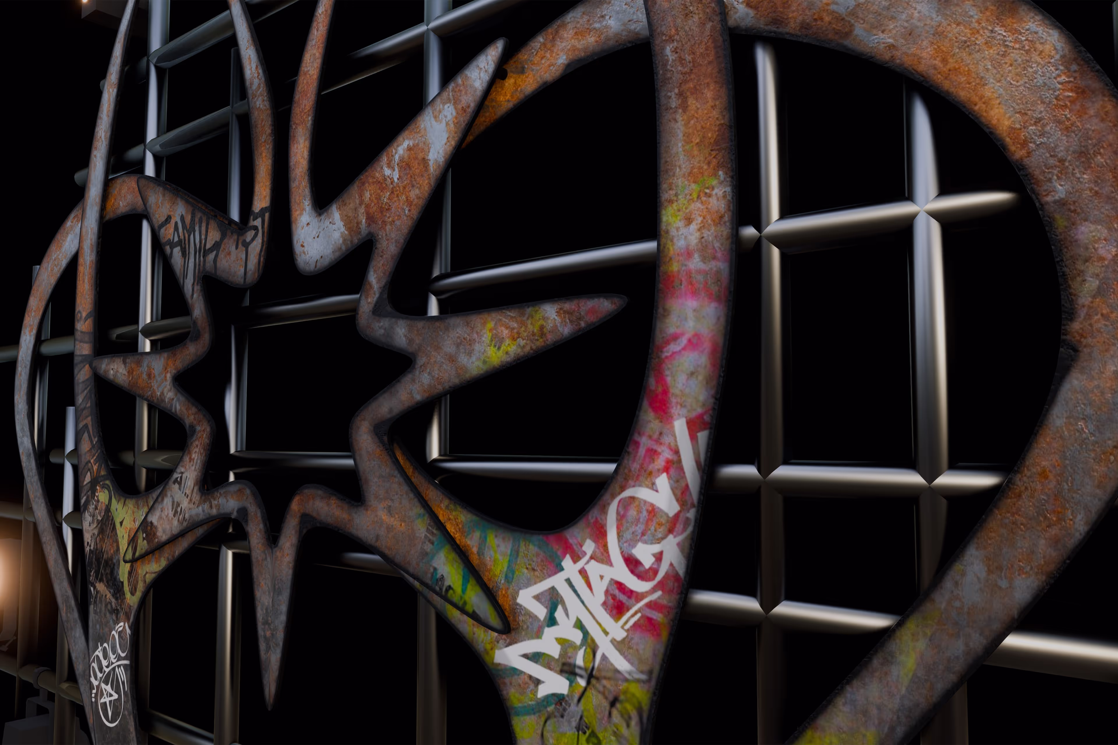 A rusted metal fence with graffiti on it.